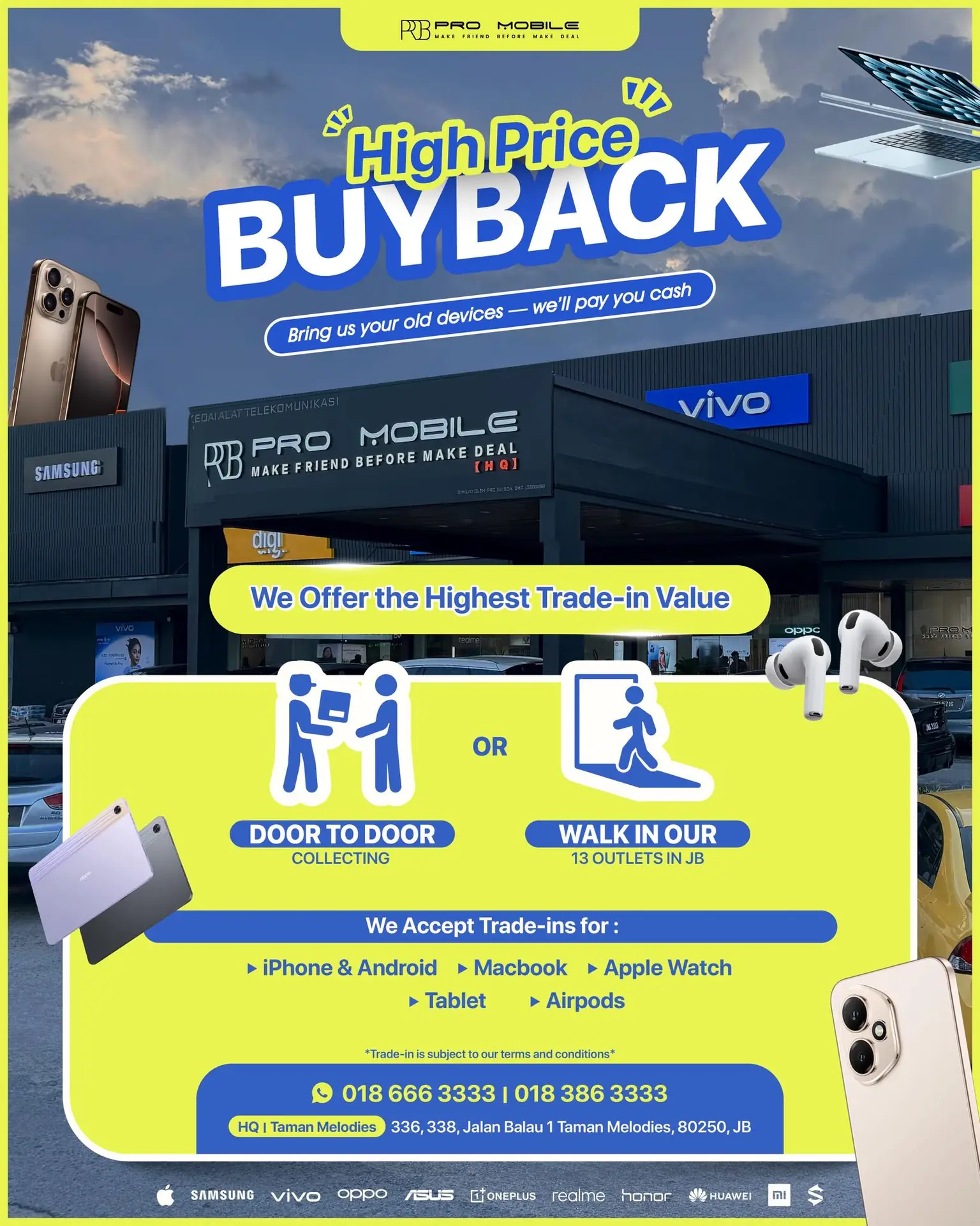 PRO Mobile Static electronics ad: Discount ad for instant cash buyback on your old phone or MacBook