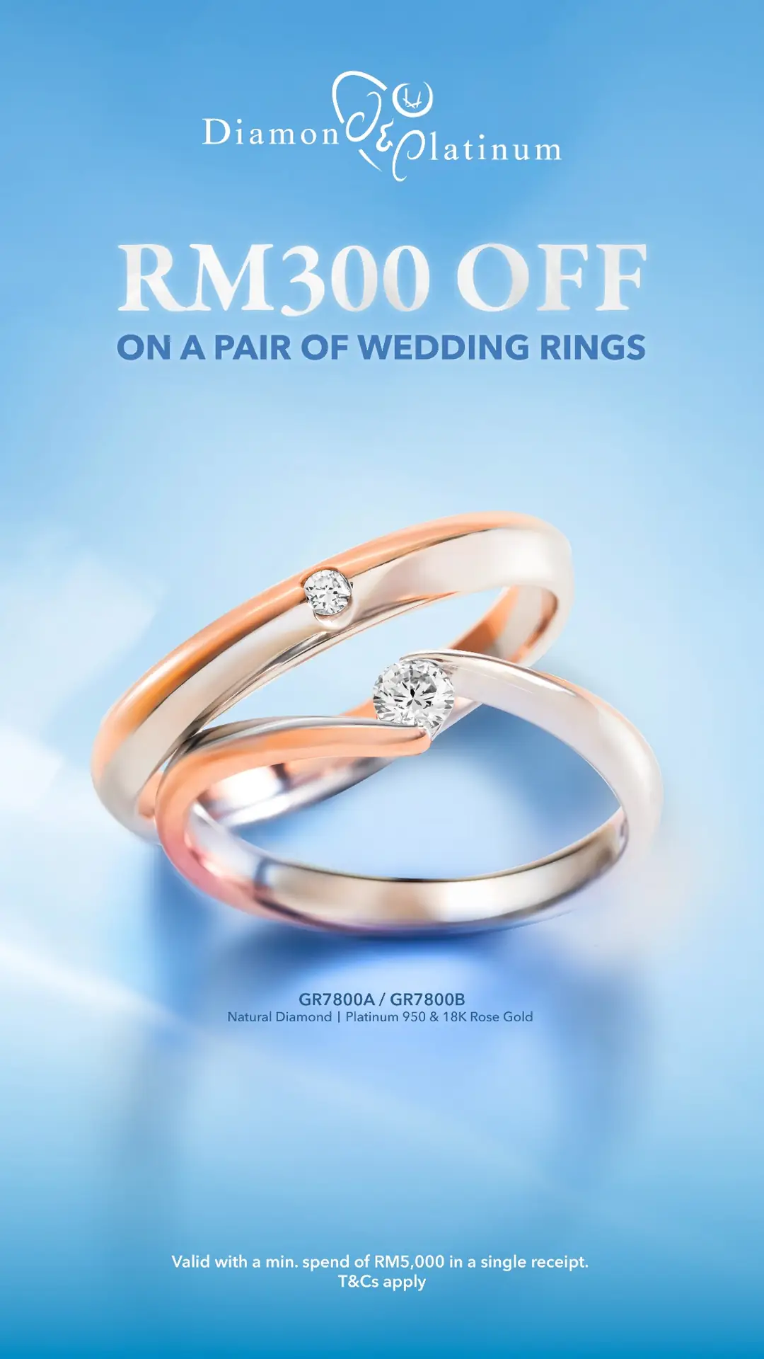 Diamond & Platinum Static jewellery and watches ad: Discount ad for a pair of wedding rings, RM300 off