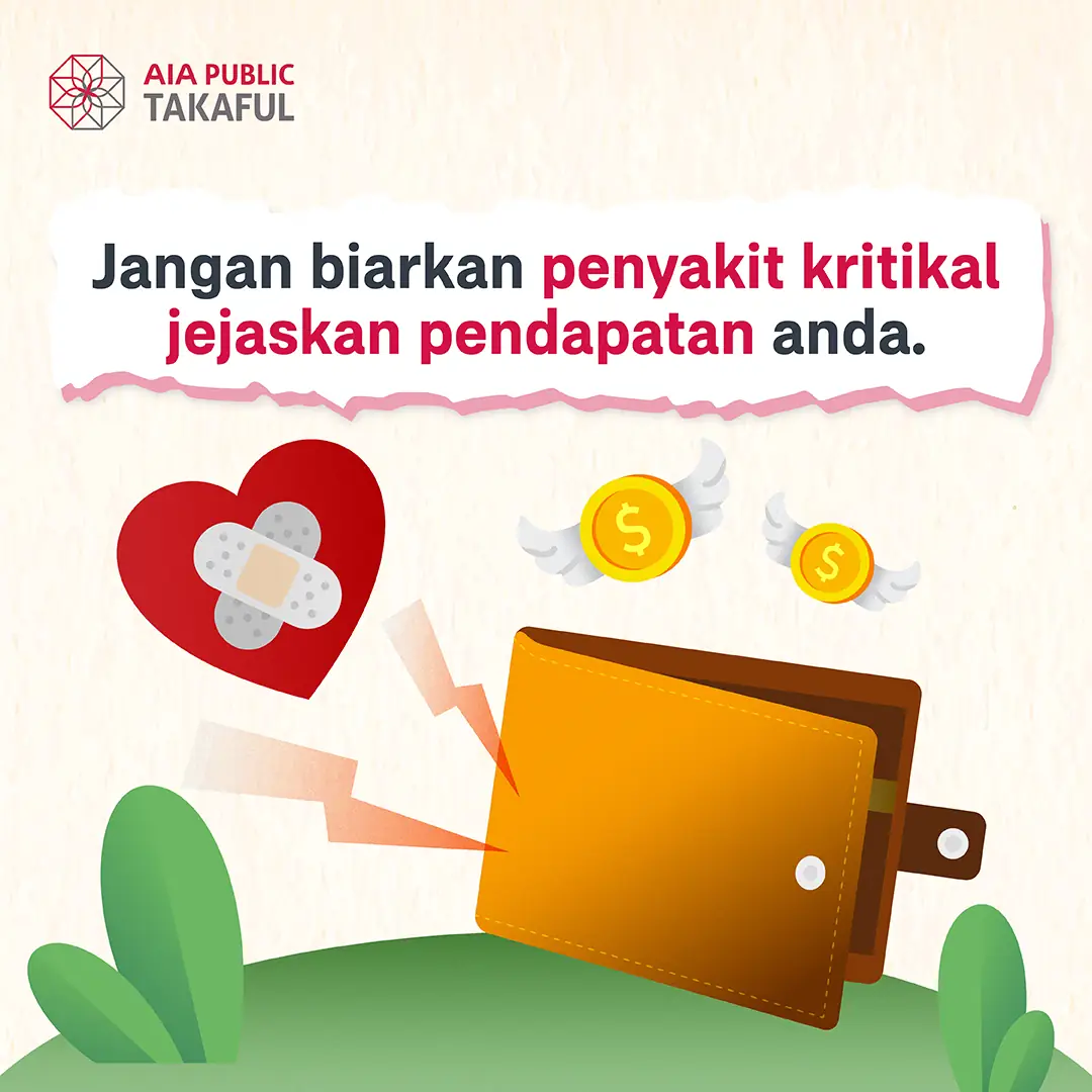AIA PUBLIC Takaful Carousel takaful and insurance ad: Problem-solution ad for keeping income stable when critical illness strikes, frame 1 of 3