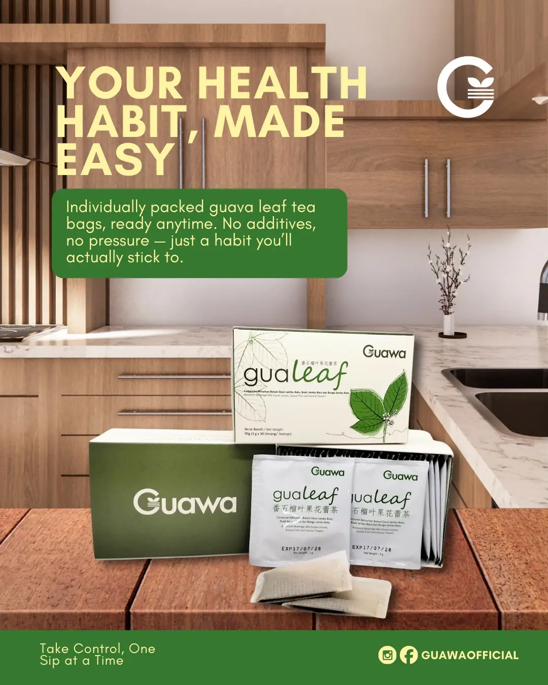 Guawa Static food and beverage ad: Feature-callout ad for individually packed guava leaf tea bags