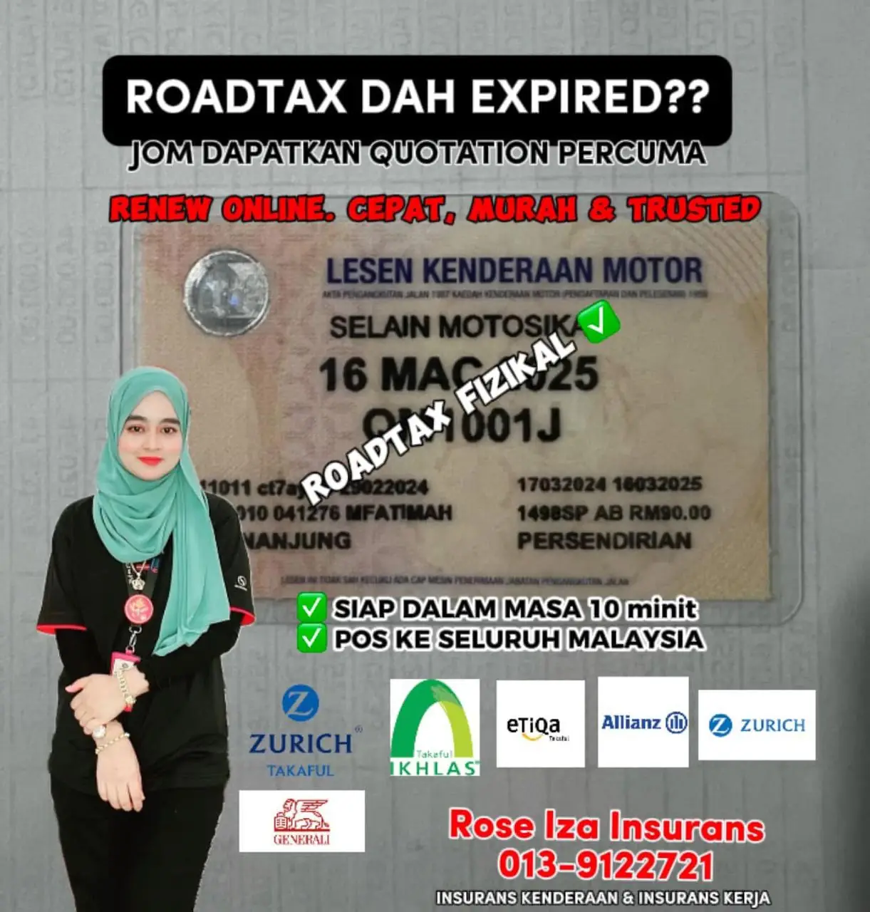 Rose iza Insurans Static automotive ad: Problem-solution ad for expired roadtax renewed online in 10 minutes