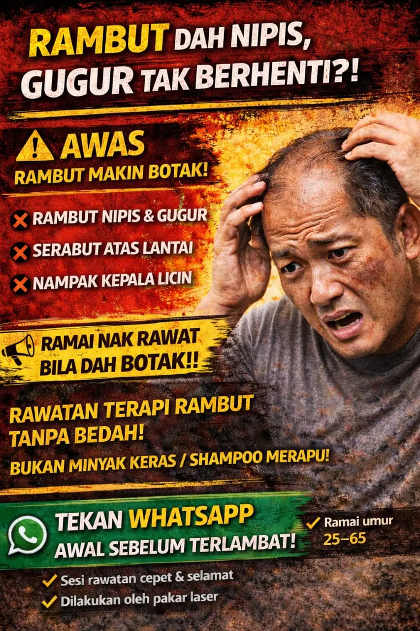 Dahlia Wellness Temerloh Static hair care ad: Problem-solution ad for non-stop shedding, tap WhatsApp before you go bald