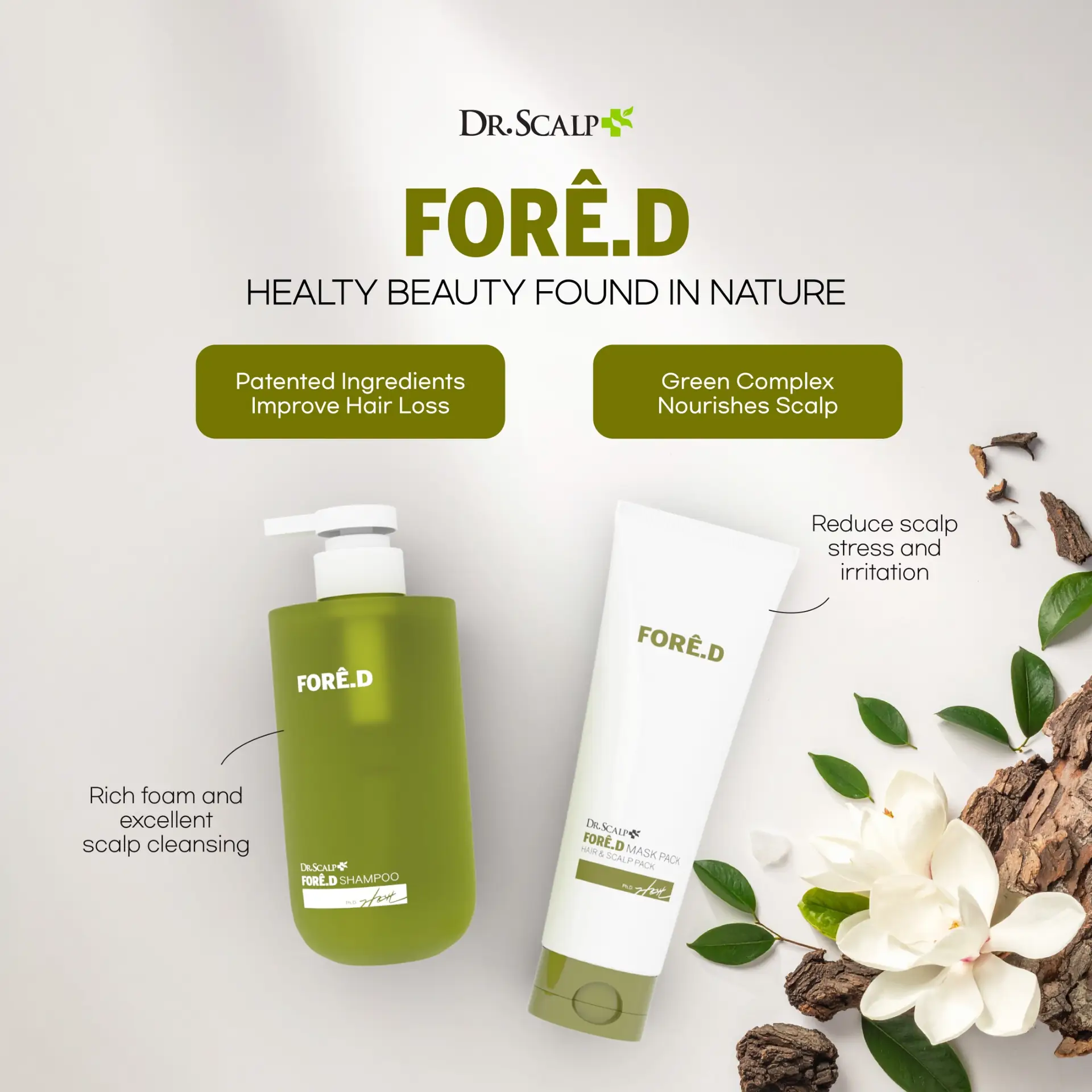 Dr. Scalp MYSG Carousel hair care ad: Feature-callout ad for a natural scalp shampoo that nourishes and calms irritation, frame 1 of 4