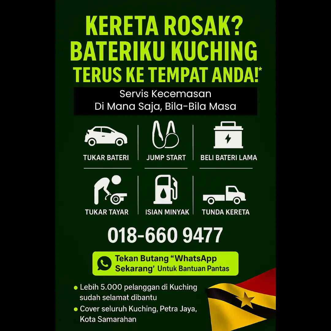 Bateriku Taman Bdc Kuching Carousel automotive ad: Feature-callout ad for mobile car battery and breakdown rescue in Kuching, frame 1 of 4