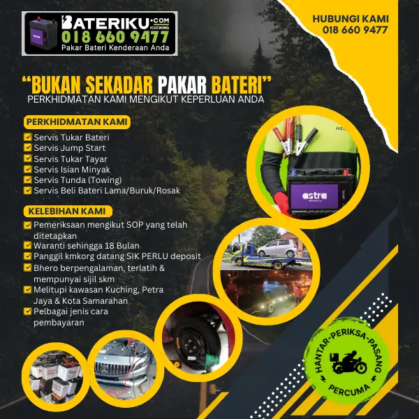 Bateriku Taman Bdc Kuching Carousel automotive ad: Feature-callout ad for mobile car battery and breakdown rescue in Kuching, frame 4 of 4