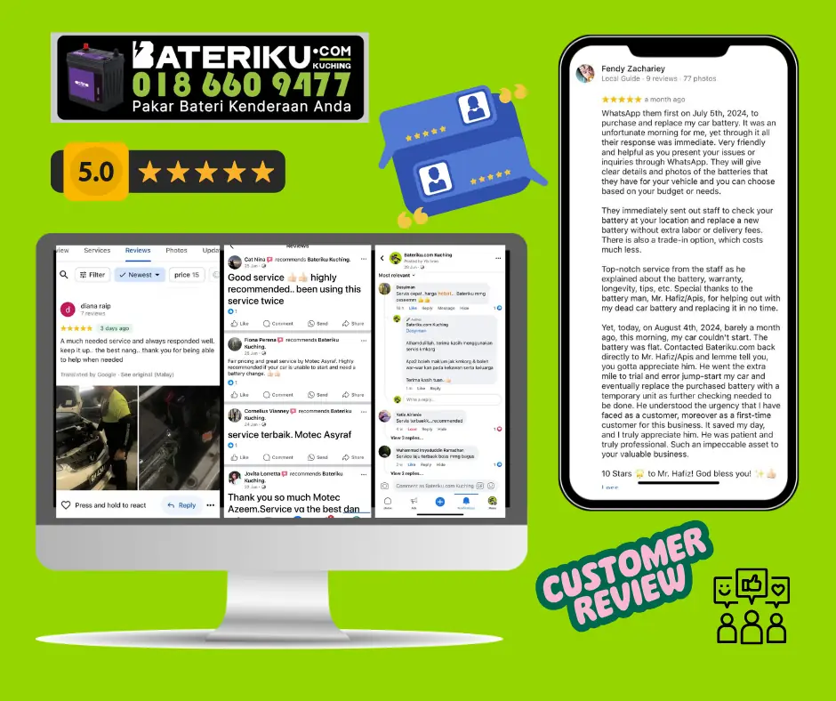 Bateriku Taman Bdc Kuching Carousel automotive ad: Feature-callout ad for mobile car battery and breakdown rescue in Kuching, frame 3 of 4