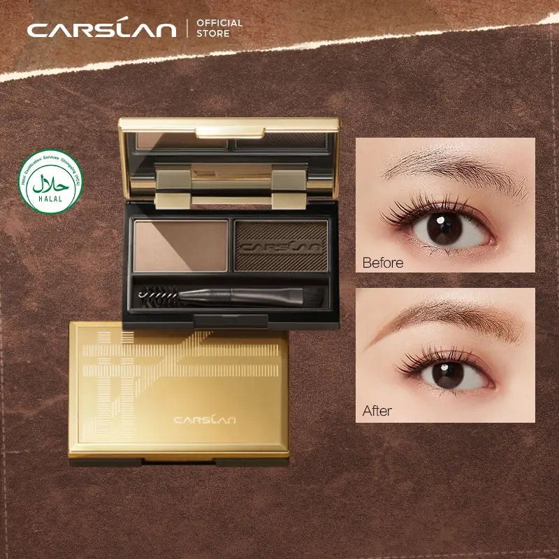Carslan Dynamic makeup and cosmetics ad: Before-and-after ad for fuller defined brows with halal Carslan brow palette