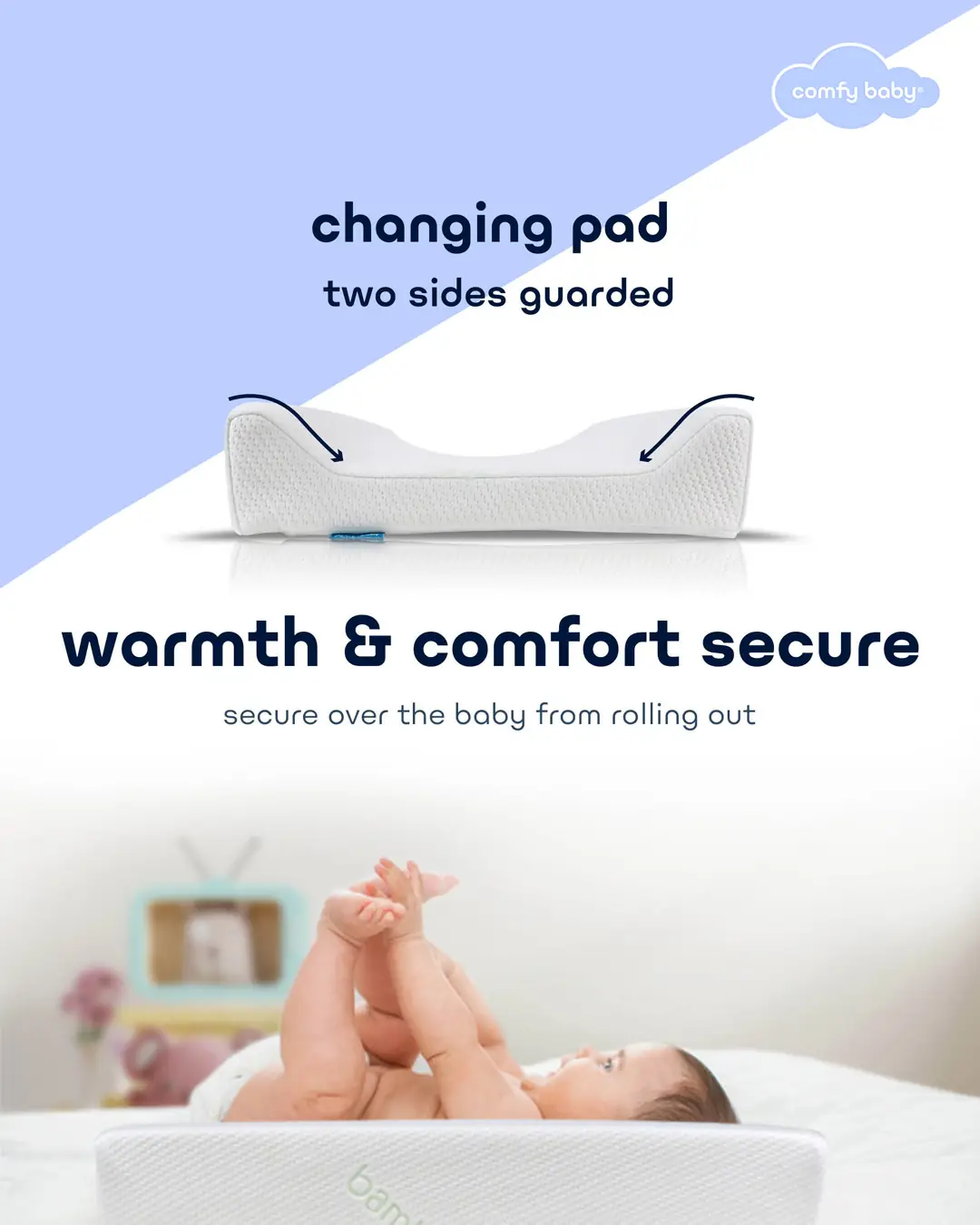 Comfy Baby Static baby care ad: Feature-callout ad for a contoured changing pad with guarded sides against rolling