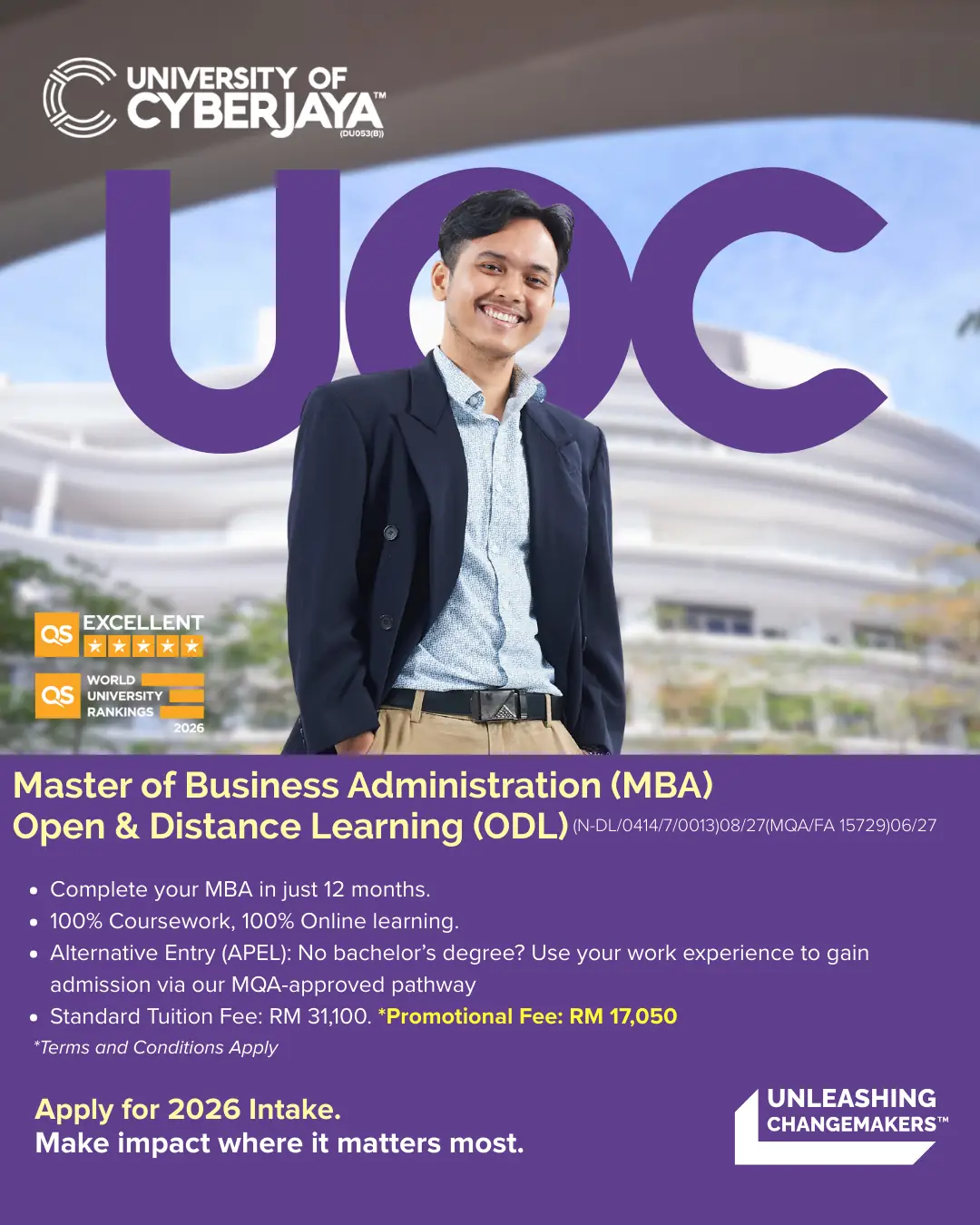 University of Cyberjaya Static education ad: Discount ad: online MBA promotional fee RM17,050 for 2026 intake