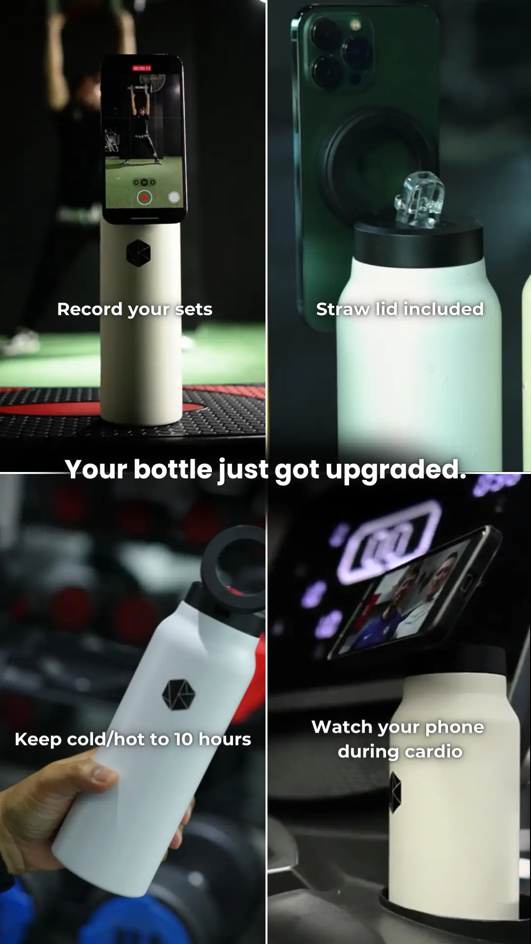 LIFT ONYX Dynamic fitness ad: Feature-callout ad for a gym bottle that holds your phone and records sets