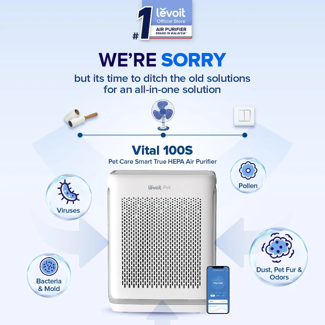Levoit Malaysia Static electronics ad: Problem-solution ad for replacing lint rollers and fans with one air purifier