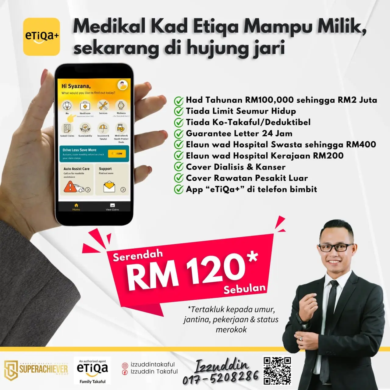 Izzuddin Takaful Static takaful and insurance ad: Feature-callout ad for Etiqa medical card from RM120 a month, managed in-app