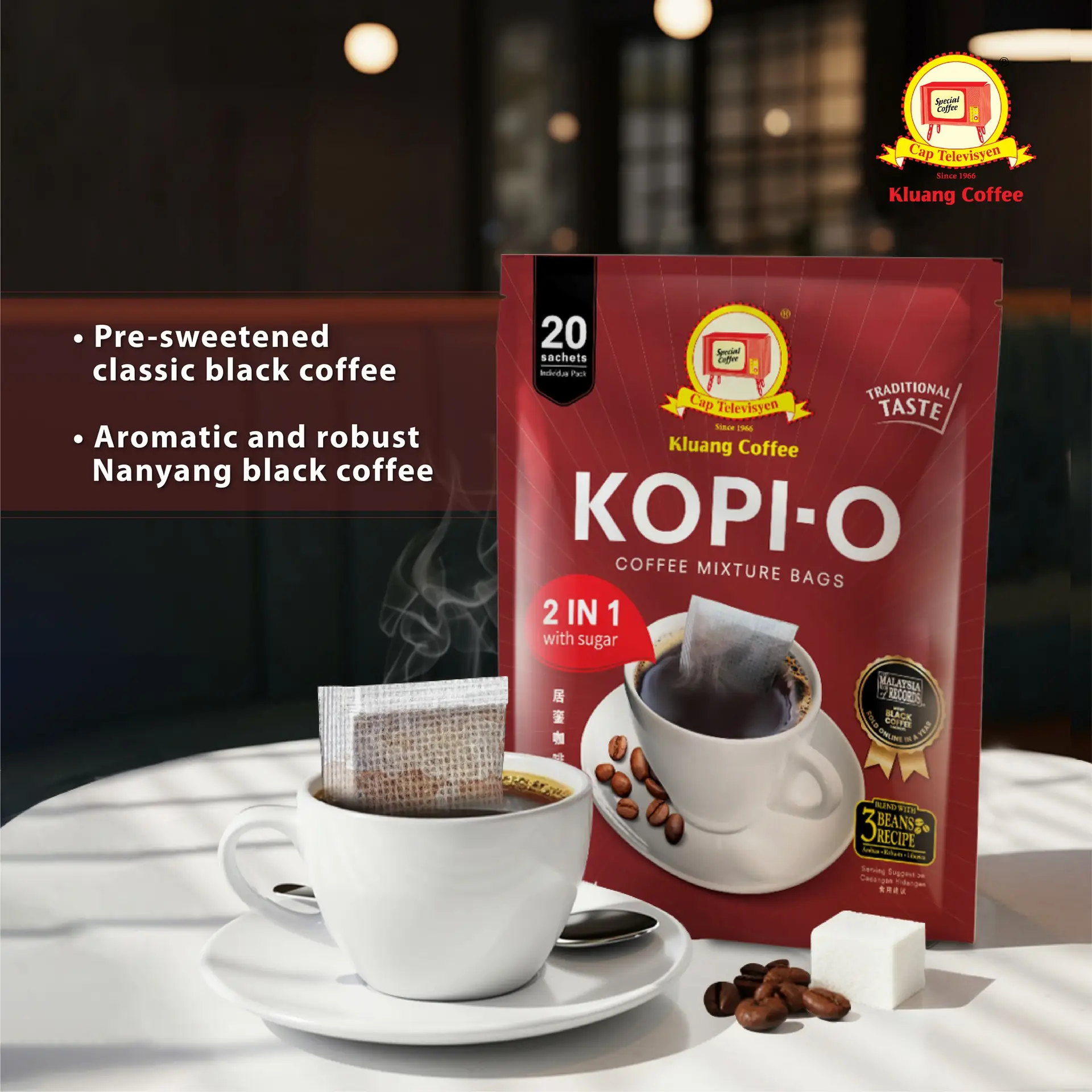 Kluang Coffee Cap Televisyen Carousel food and beverage ad: Showcase ad for a traditional kopi range that brings the kopitiam home, frame 3 of 5