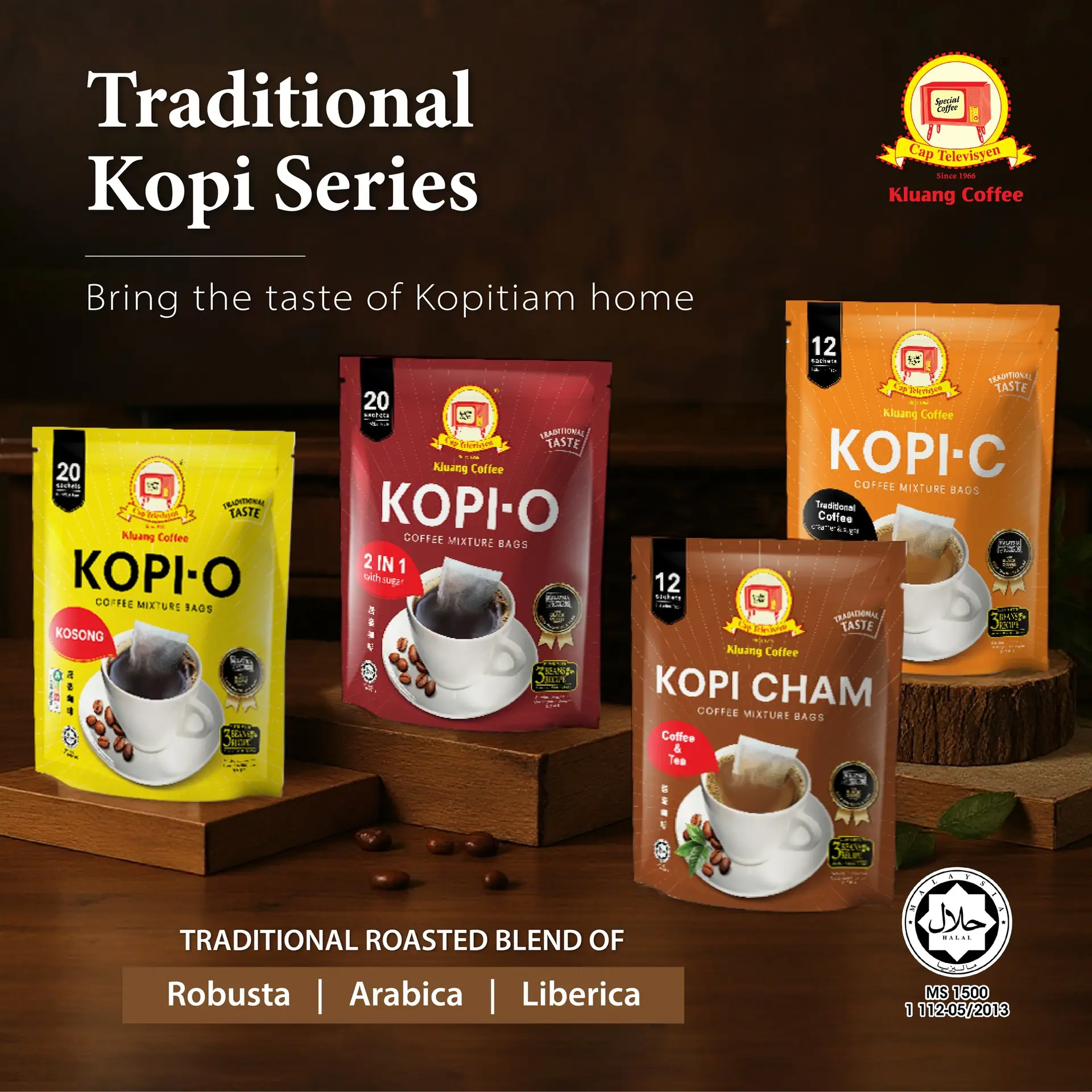Kluang Coffee Cap Televisyen Carousel food and beverage ad: Showcase ad for a traditional kopi range that brings the kopitiam home, frame 1 of 5