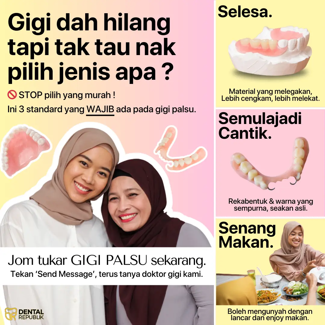 Klinik Gigi Darulaman Jitra Static dental clinics ad: Showcase ad for gigi dah hilang tapi tak tau nak pilih jenis apa