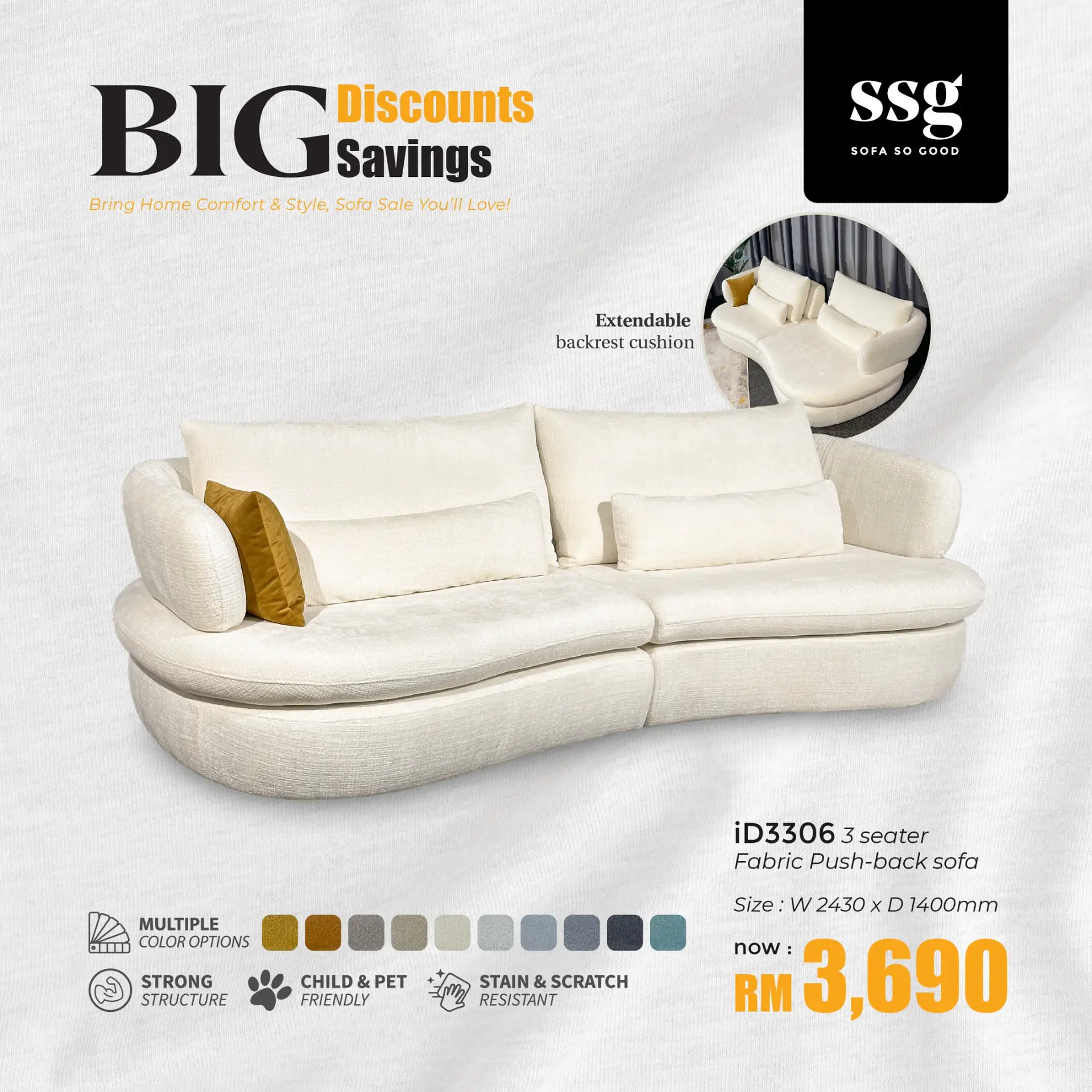 SSG Carousel home and living ad: Discount ad for a 3-seater push-back fabric sofa now RM2,690, frame 4 of 6