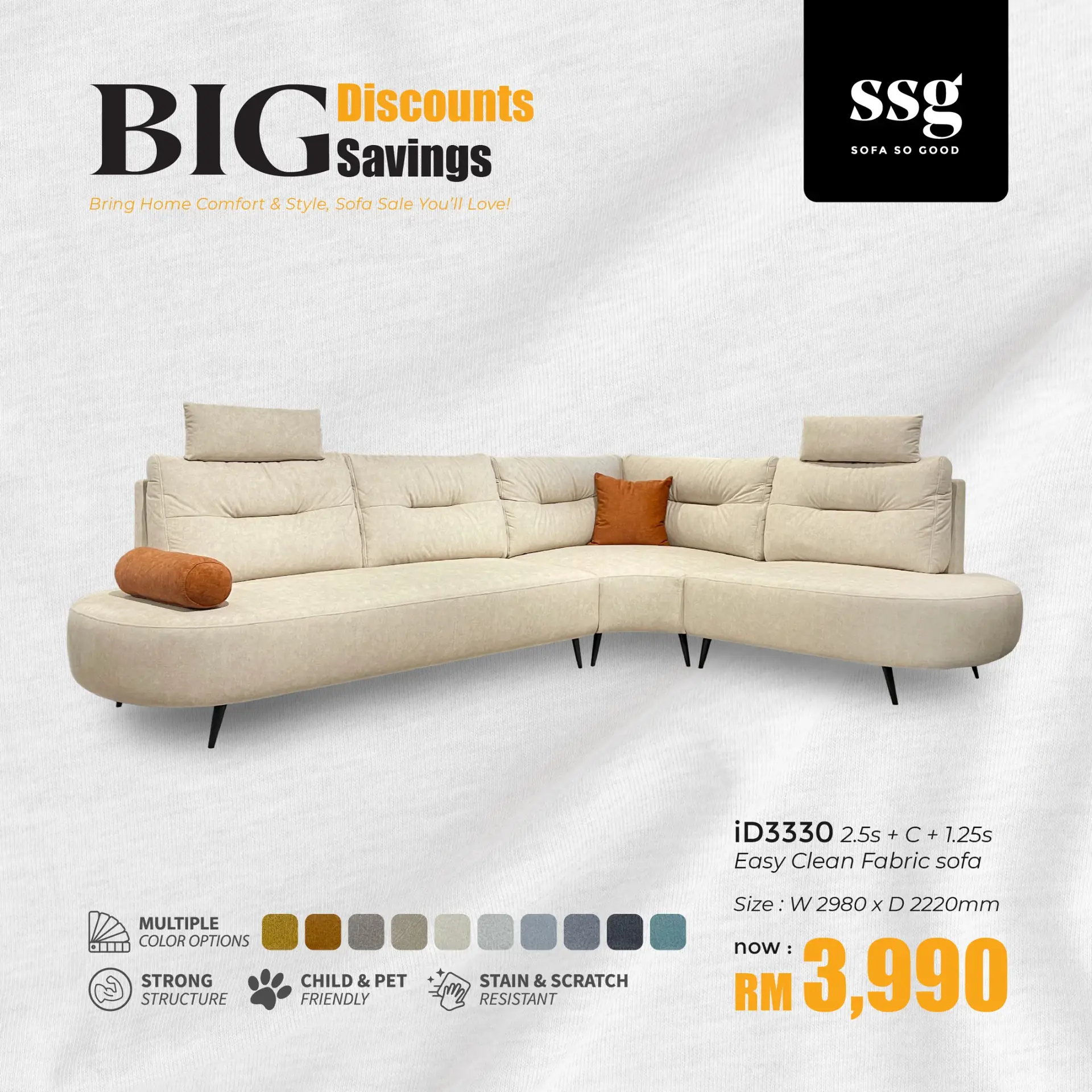 SSG Carousel home and living ad: Discount ad for a 3-seater push-back fabric sofa now RM2,690, frame 3 of 6