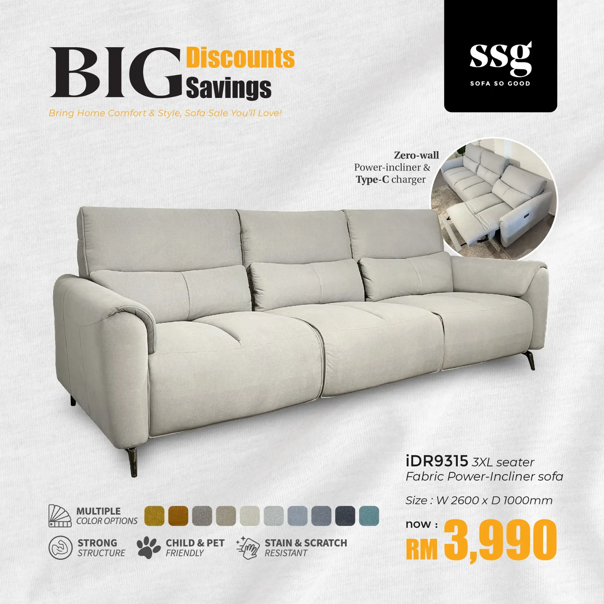 SSG Carousel home and living ad: Discount ad for a 3-seater push-back fabric sofa now RM2,690, frame 2 of 6