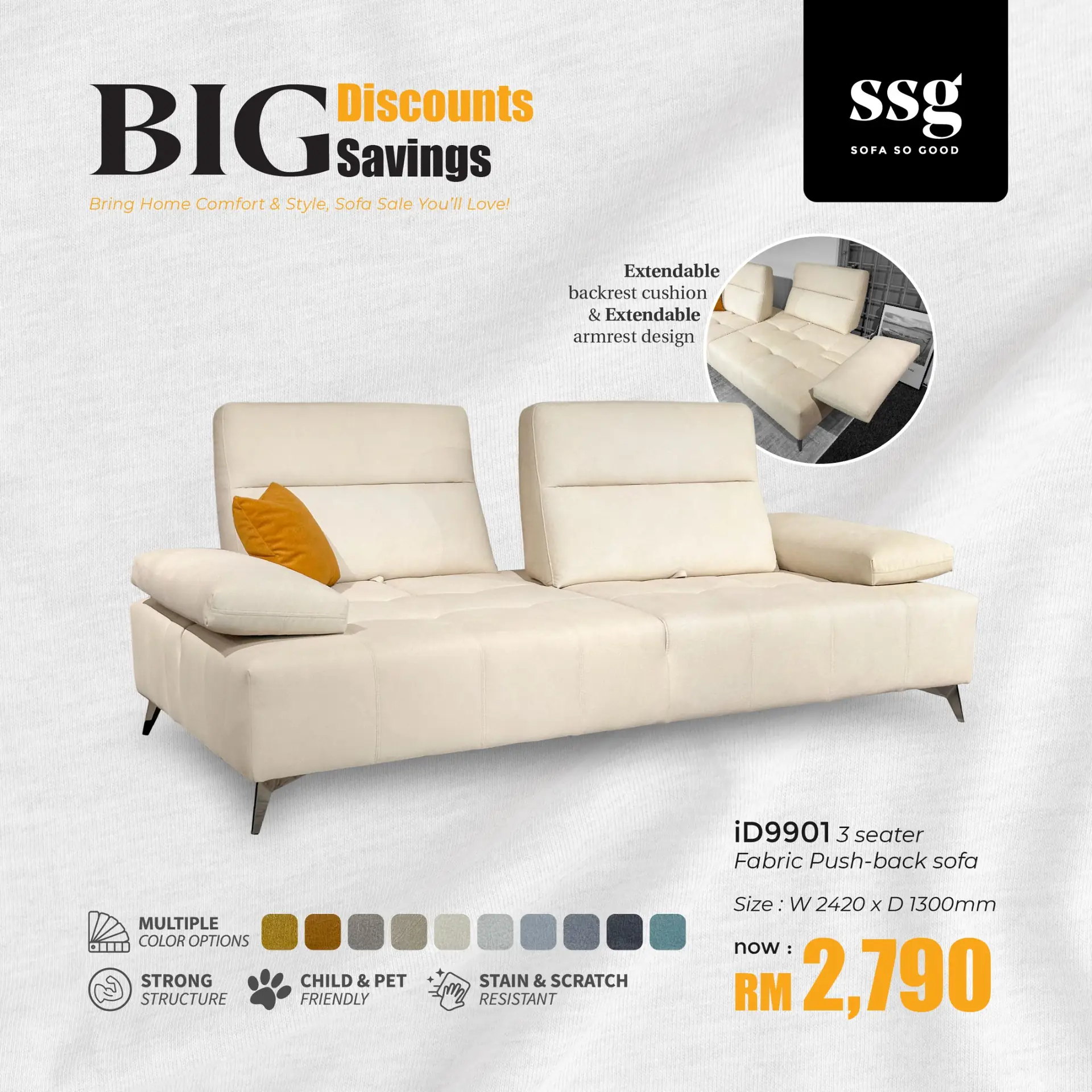 SSG Carousel home and living ad: Discount ad for a 3-seater push-back fabric sofa now RM2,690, frame 5 of 6