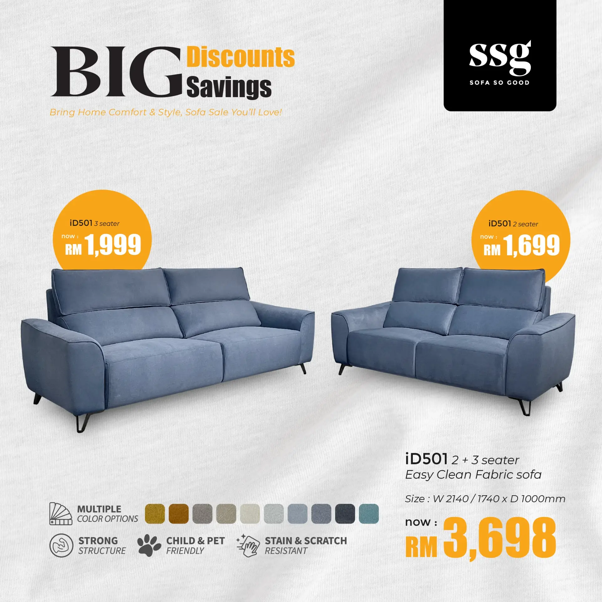 SSG Carousel home and living ad: Discount ad for a 3-seater push-back fabric sofa now RM2,690, frame 6 of 6