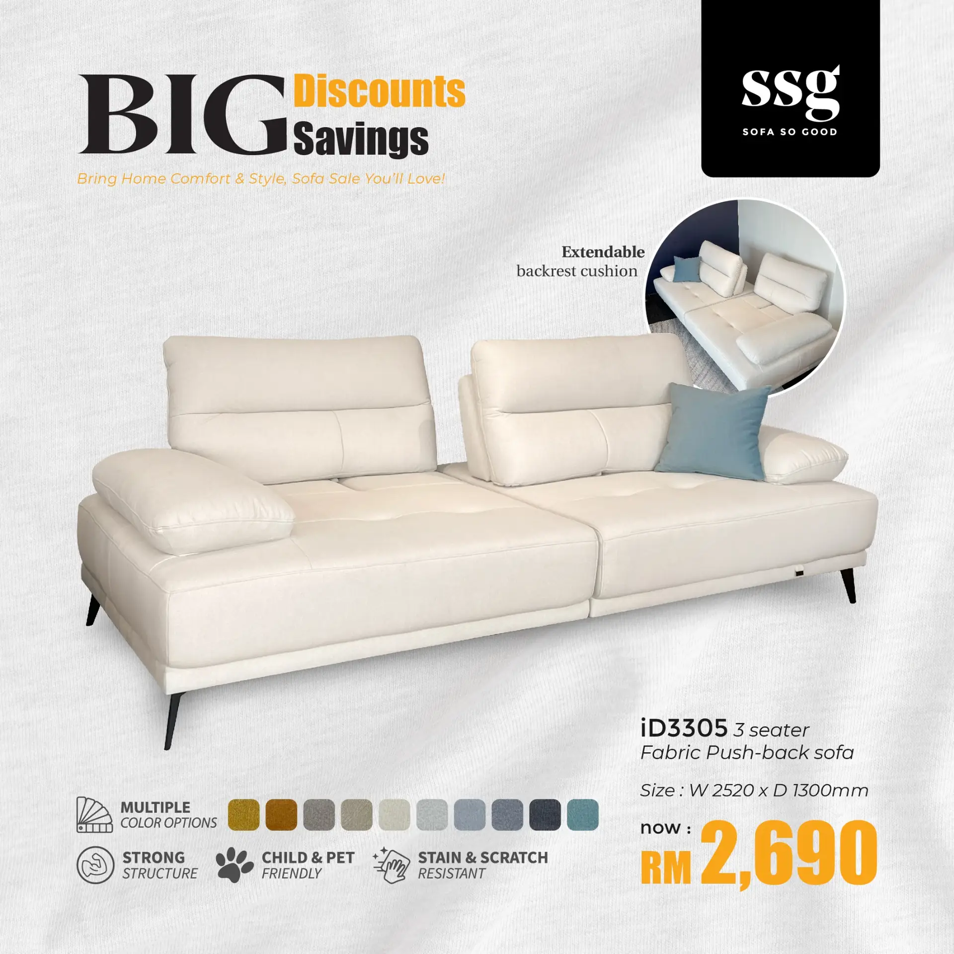 SSG Carousel home and living ad: Discount ad for a 3-seater push-back fabric sofa now RM2,690, frame 1 of 6