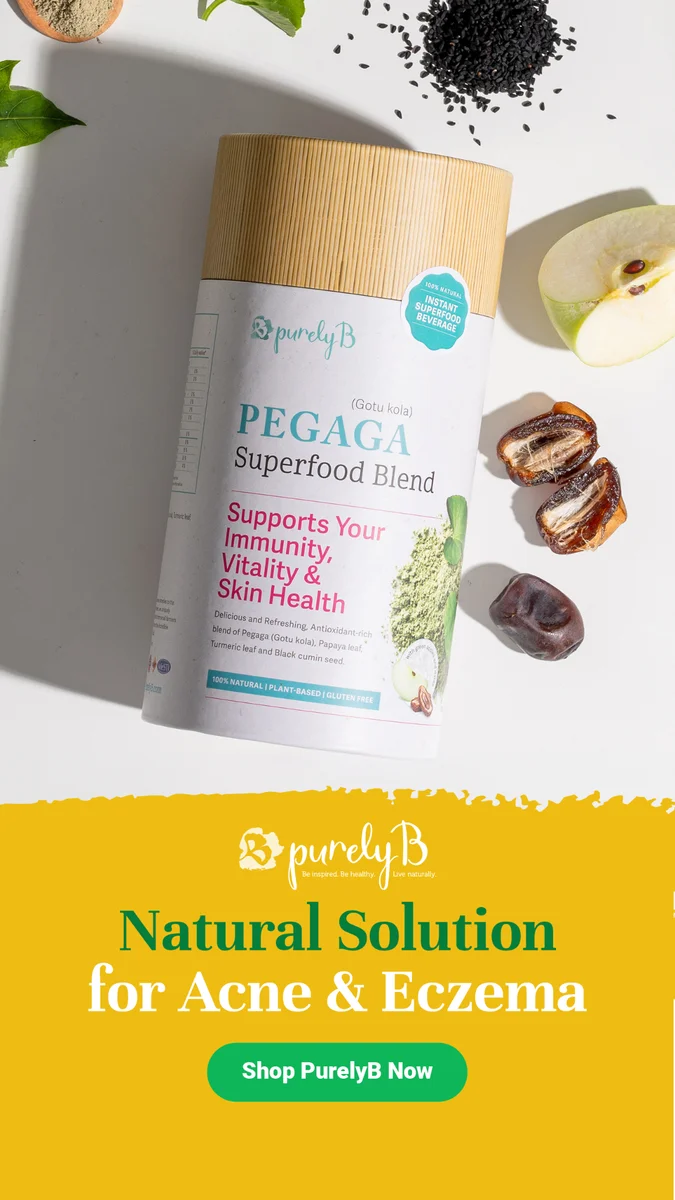 PurelyB Dynamic skincare ad: Problem-solution ad for a natural superfood fix for acne and eczema