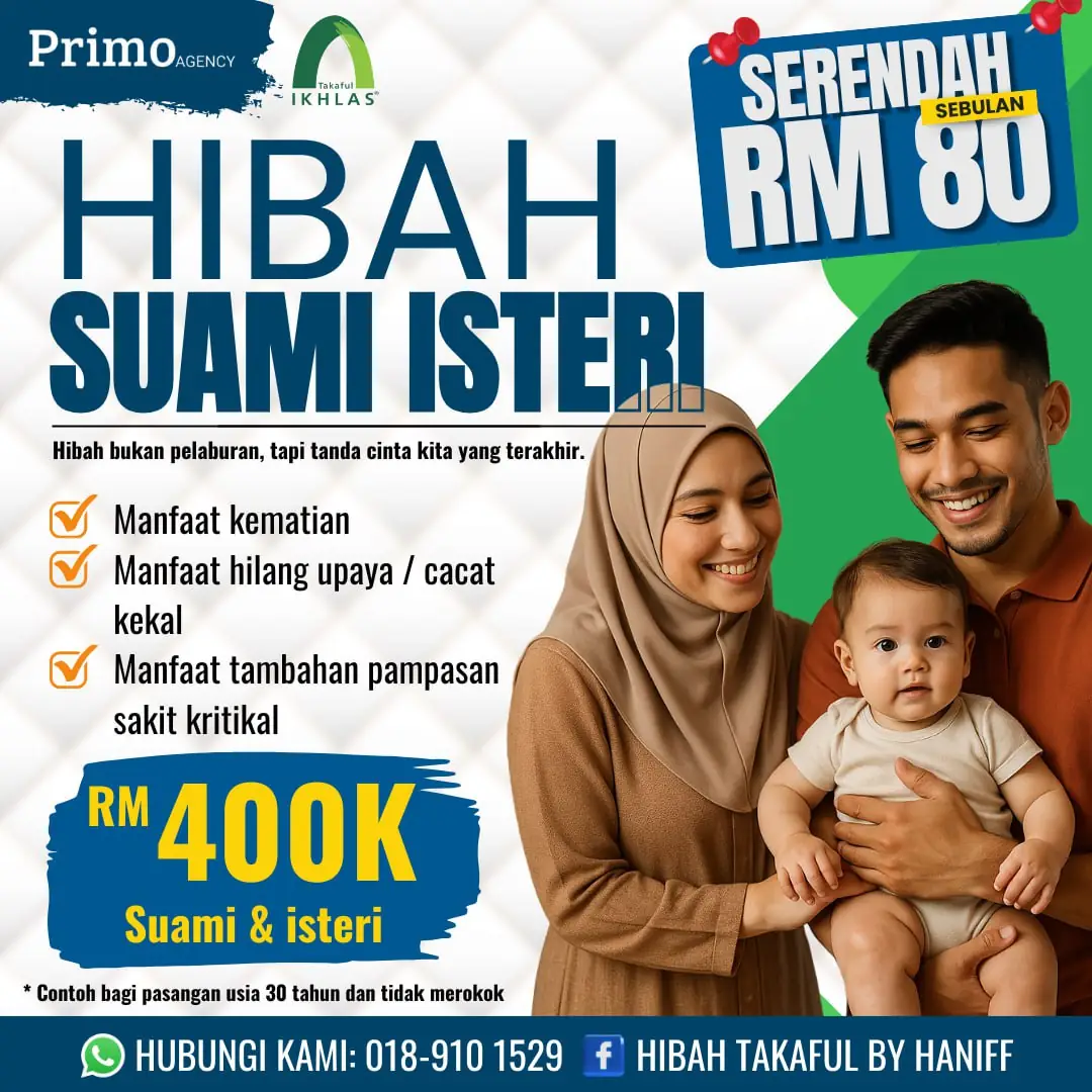 Hibah Takaful by Haniff Static takaful and insurance ad: Feature-callout ad for couples hibah takaful, RM400K cover from RM80 a month