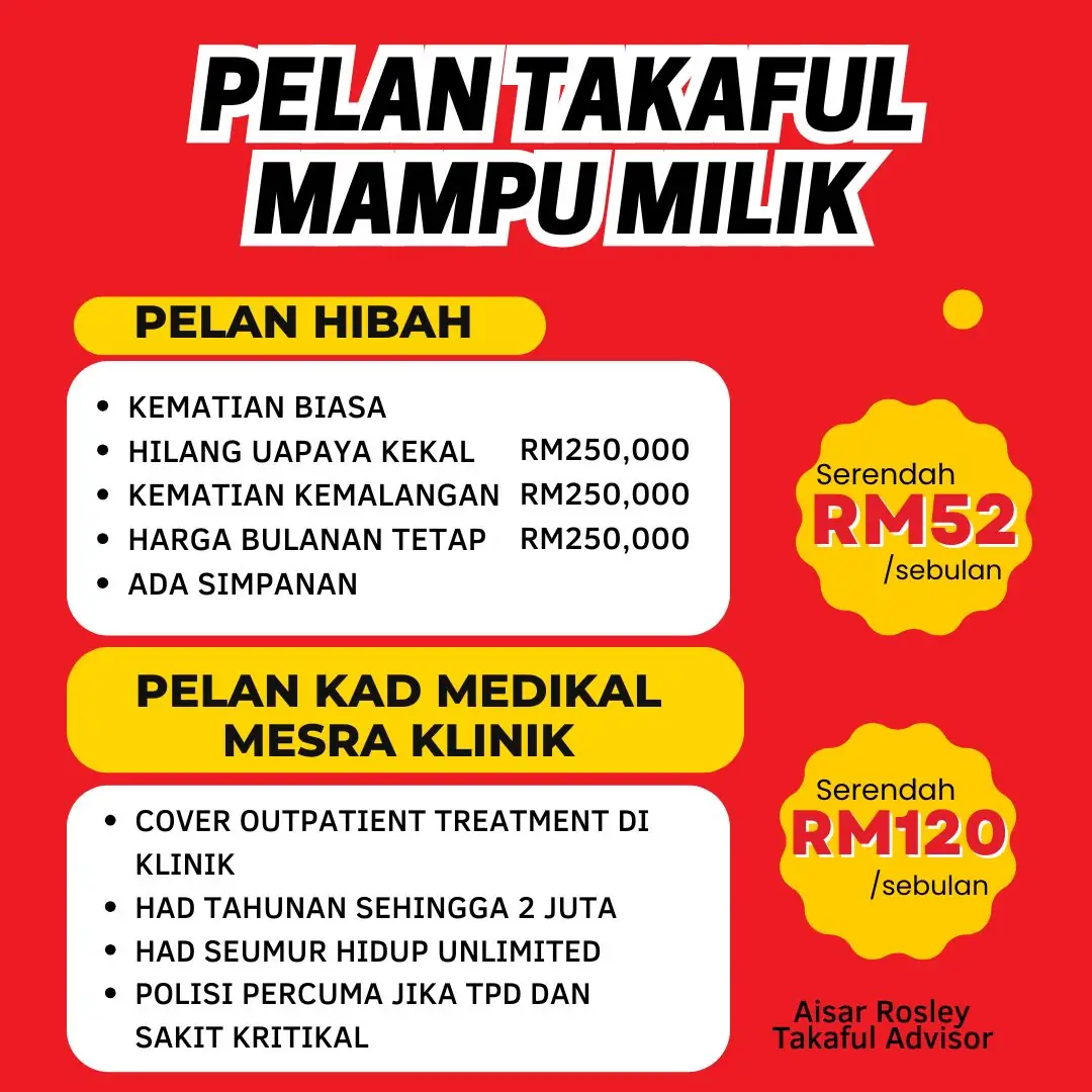 Aisar Rosley Takaful Advisor Static takaful and insurance ad: Discount ad: affordable takaful from RM52 a month for hibah and medical