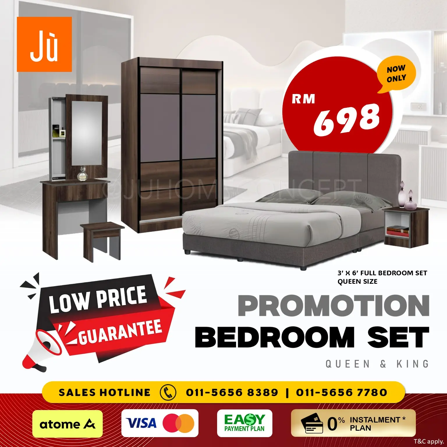 Jù Home Concept Carousel home and living ad: Discount ad: full queen bedroom set now only RM698, 0% instalment, frame 1 of 6