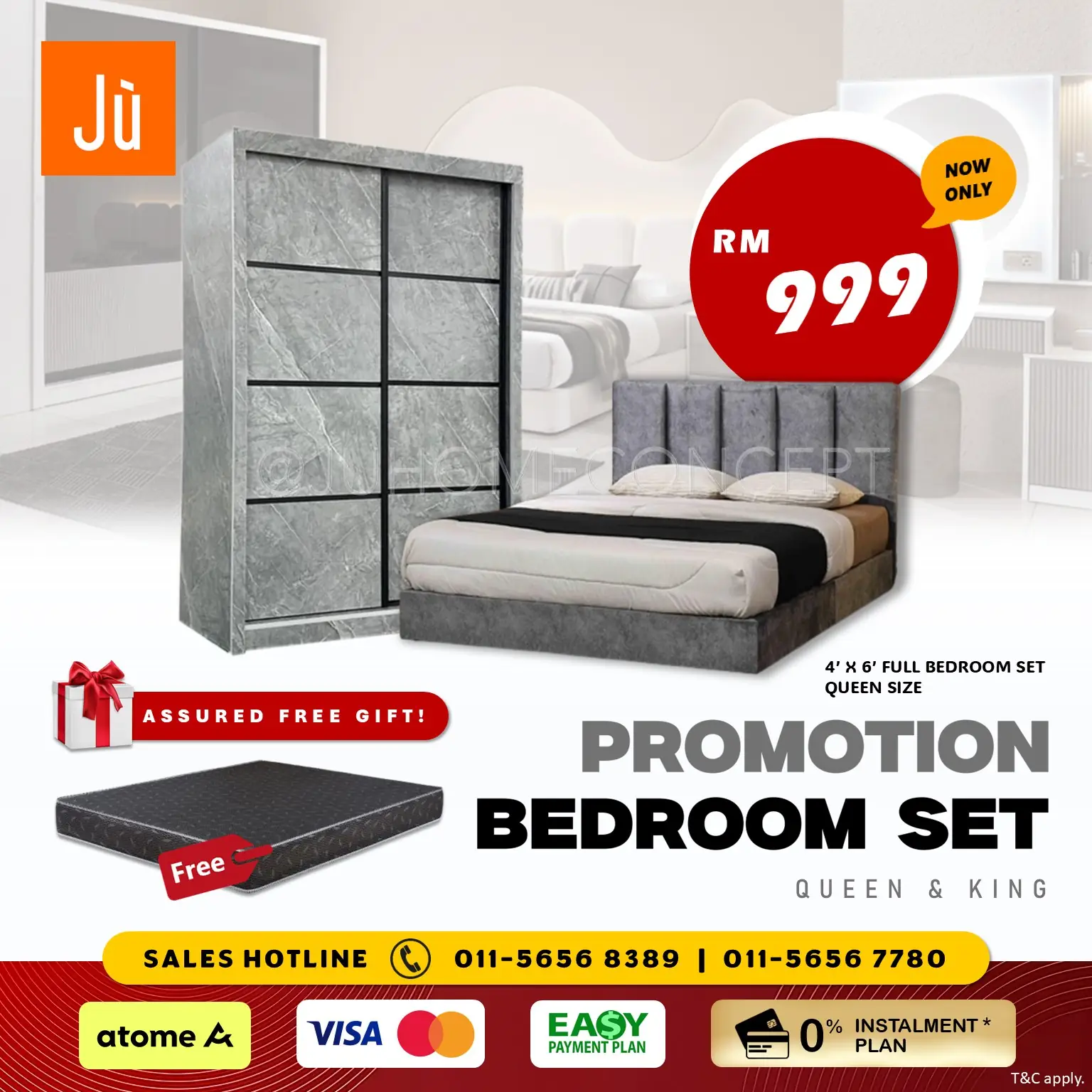 Jù Home Concept Carousel home and living ad: Discount ad: full queen bedroom set now only RM698, 0% instalment, frame 2 of 6
