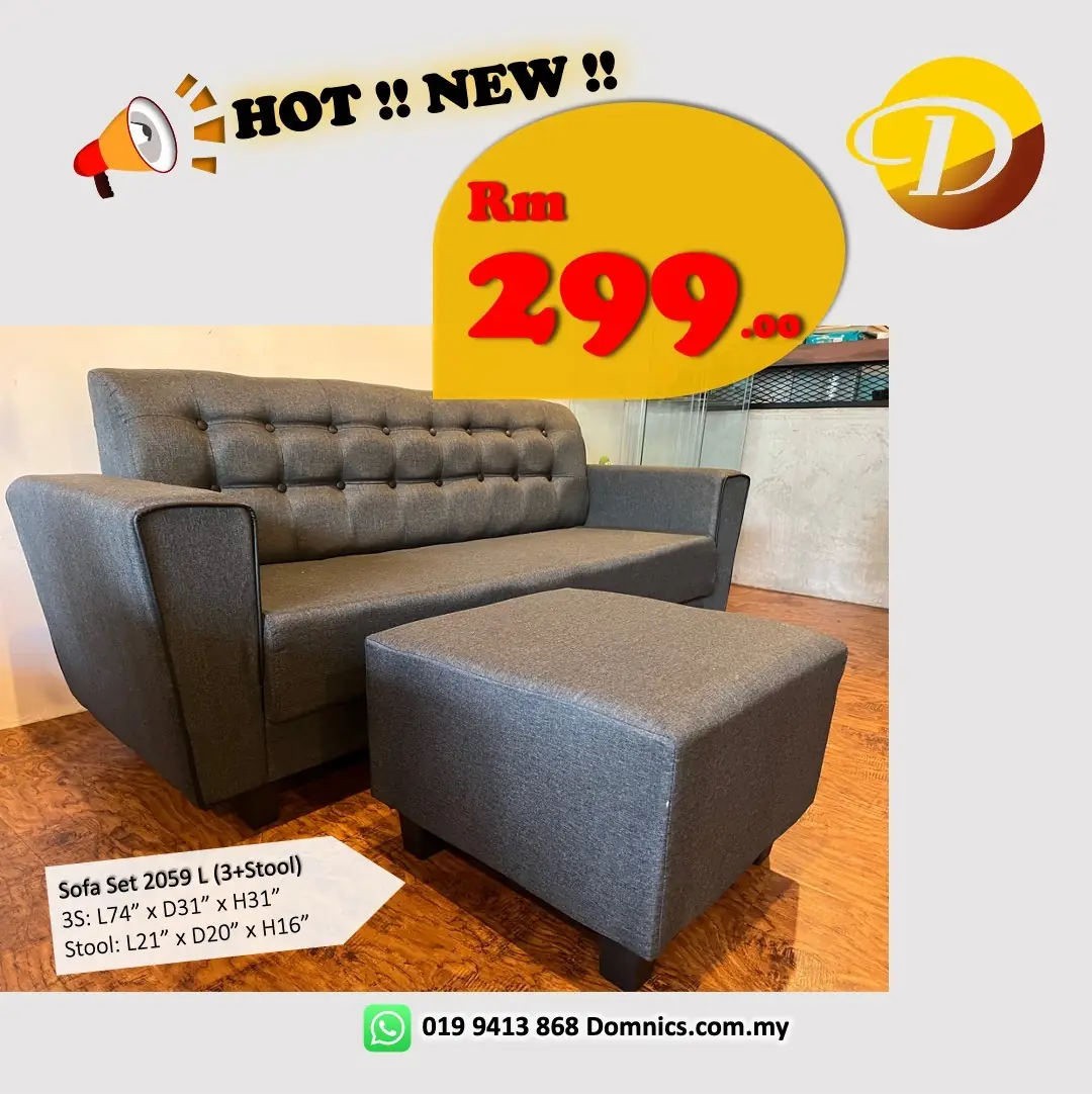 Pemborong Perabot Domnics Carousel home and living ad: Discount ad: grey 3-seater sofa set with stool at RM299, frame 1 of 6