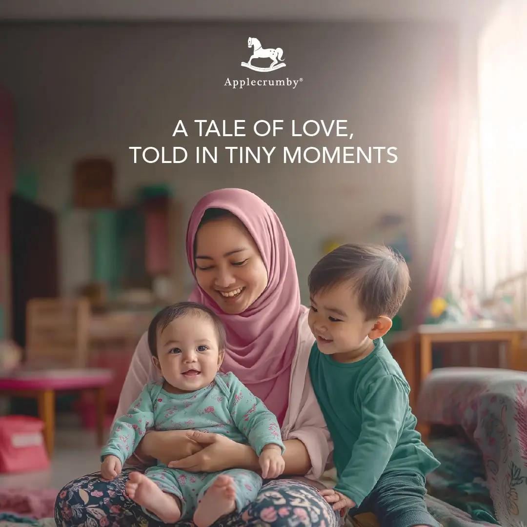 Applecrumby Carousel baby care ad: Lifestyle ad for a hijabi mum and her two children sharing tiny moments, frame 1 of 6