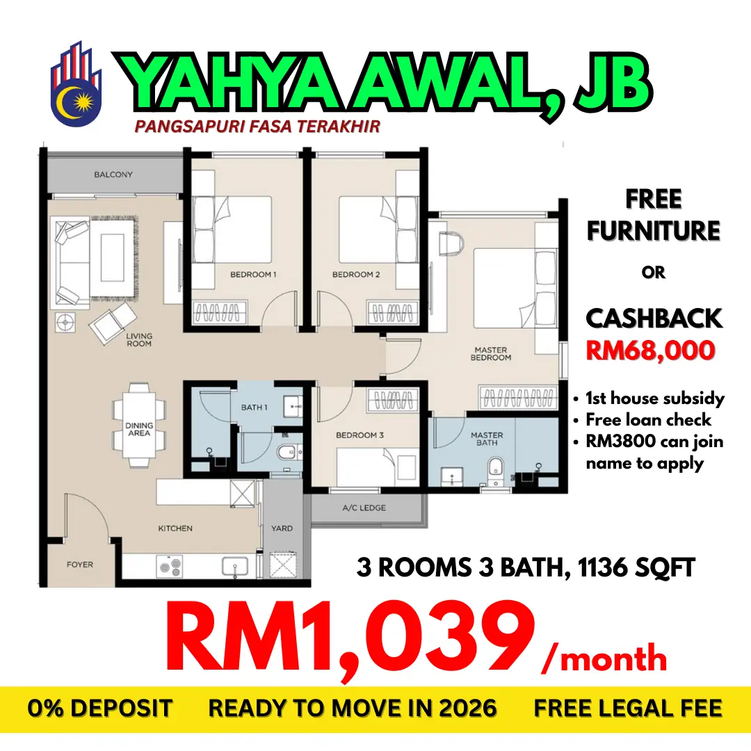 Hartanah Idaman Johor Static property ad: Discount ad: own a JB unit for RM1,039 a month with cashback