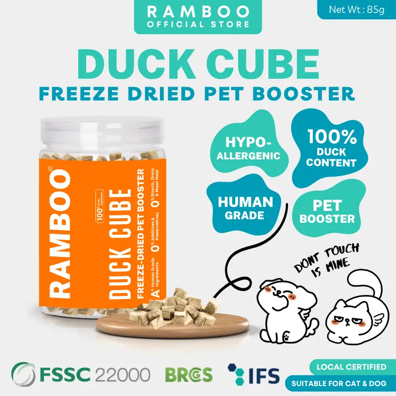 RAMBOO PET Dynamic pet care ad: Feature-callout ad for 100% duck freeze-dried booster, human grade