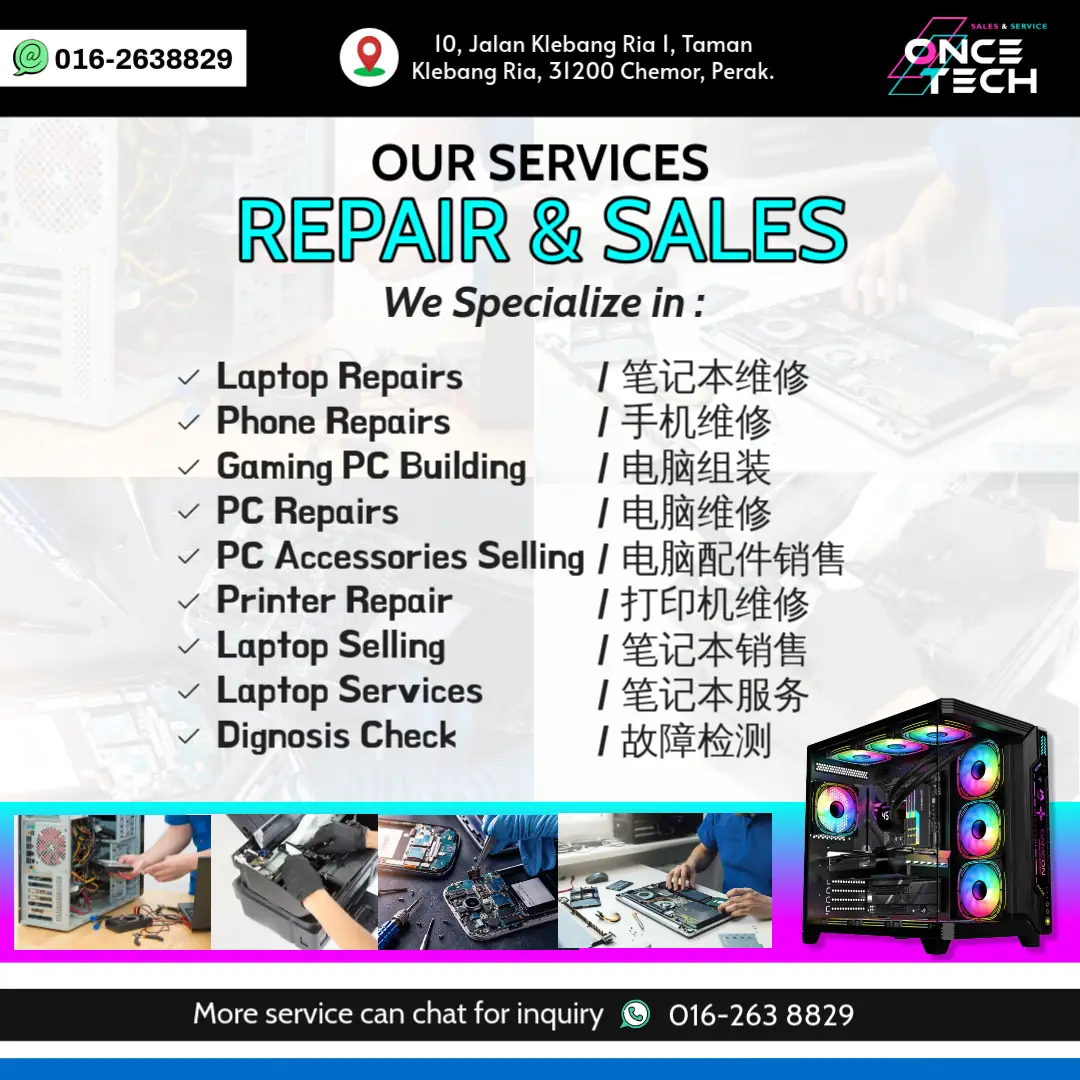 Once Tech Sales & Service Carousel electronics ad: Showcase ad for a shop doing laptop, phone and gaming PC repair and sales, frame 1 of 4
