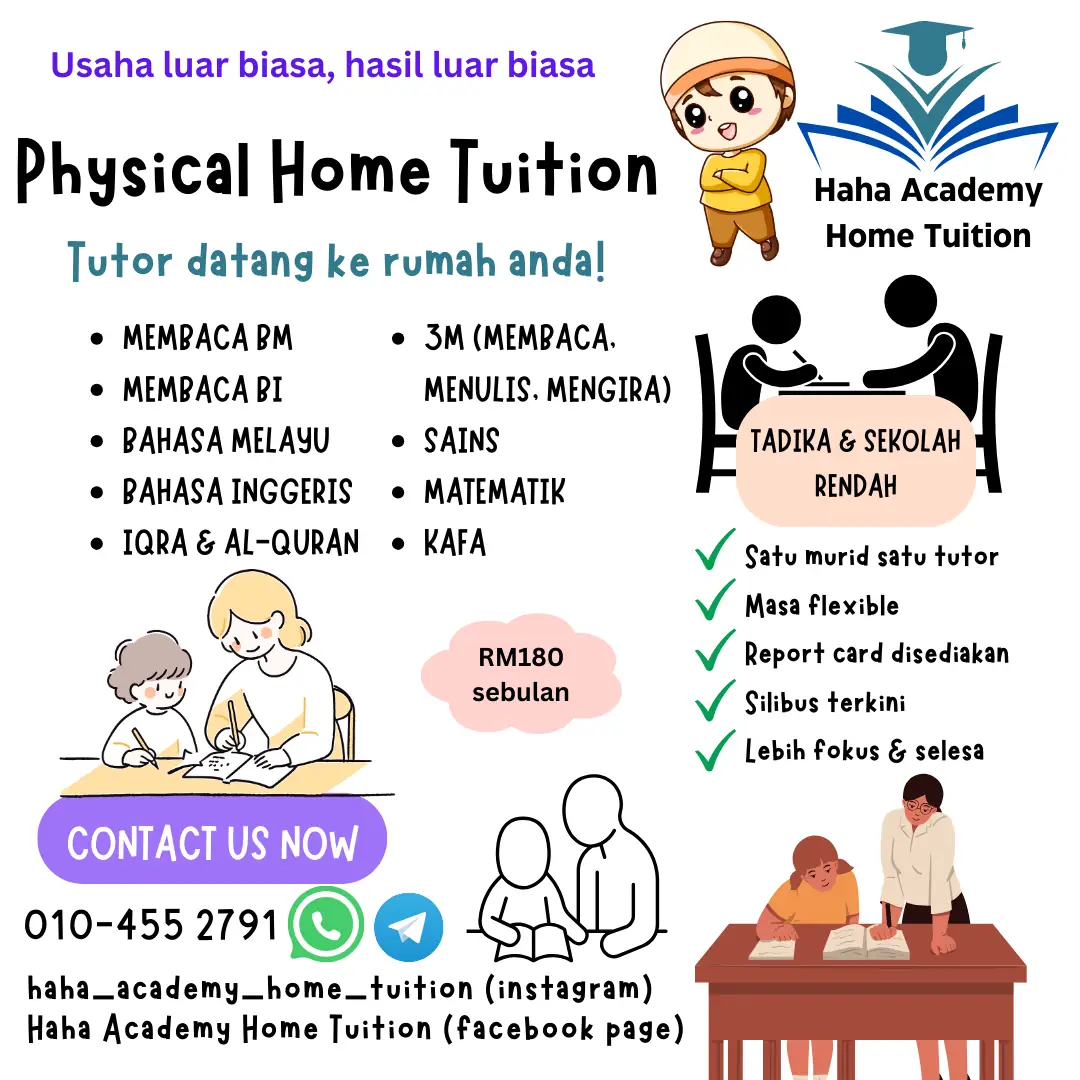 Haha Academy Home Tuition Static education ad: Feature-callout ad for one-to-one home tuition at RM180 a month