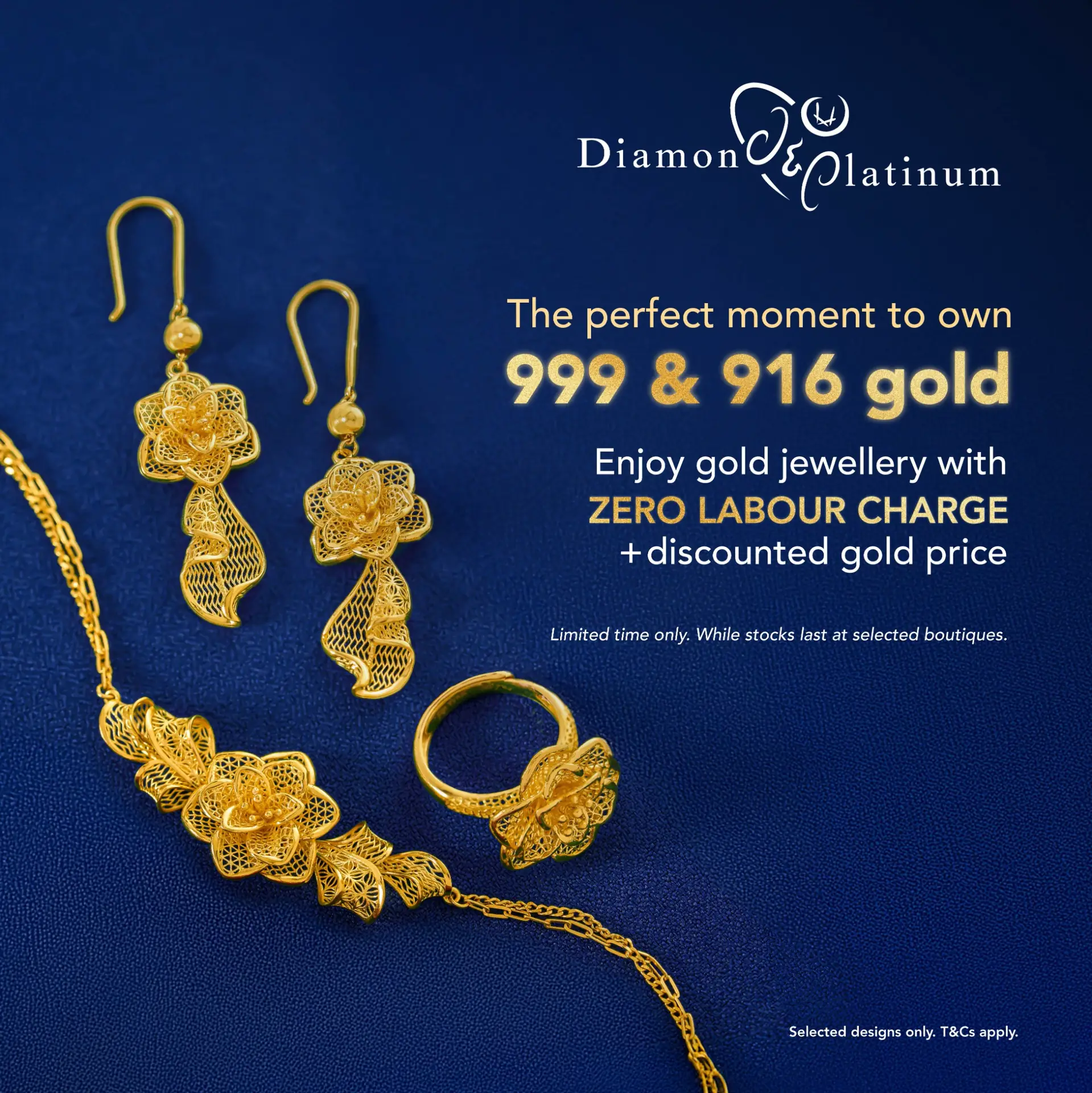 Diamond & Platinum Static jewellery and watches ad: Discount ad for 999 and 916 gold with zero labour charge