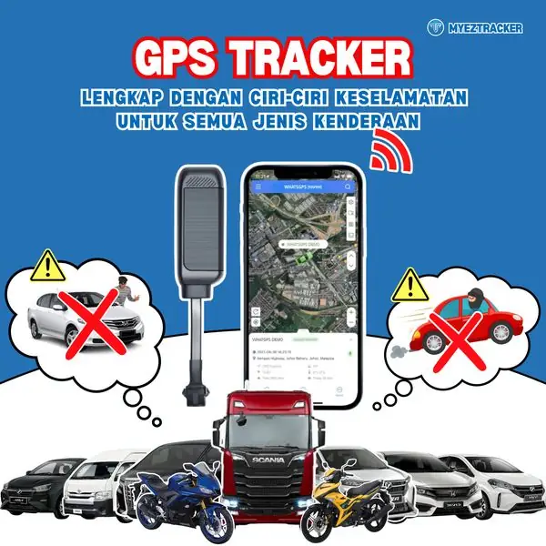 GPS Tracker Myeztracker Static automotive ad: Feature-callout ad for anti-theft GPS tracking on every vehicle type