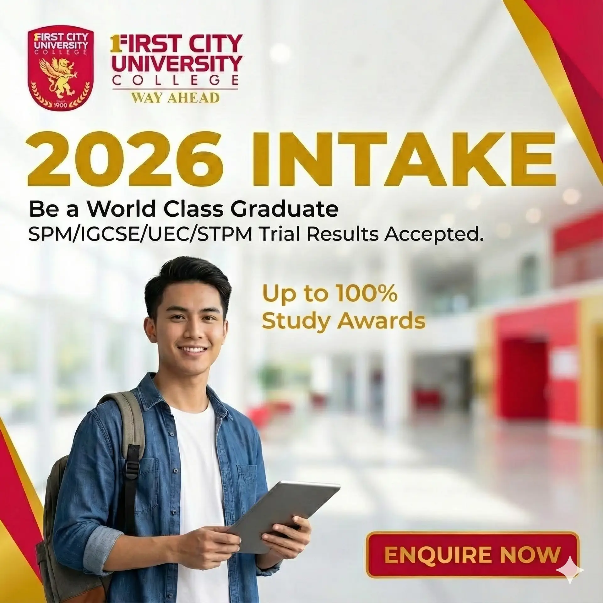 StudyMalaysia.com Static education ad: Announcement ad: First City University 2026 intake, trial results accepted