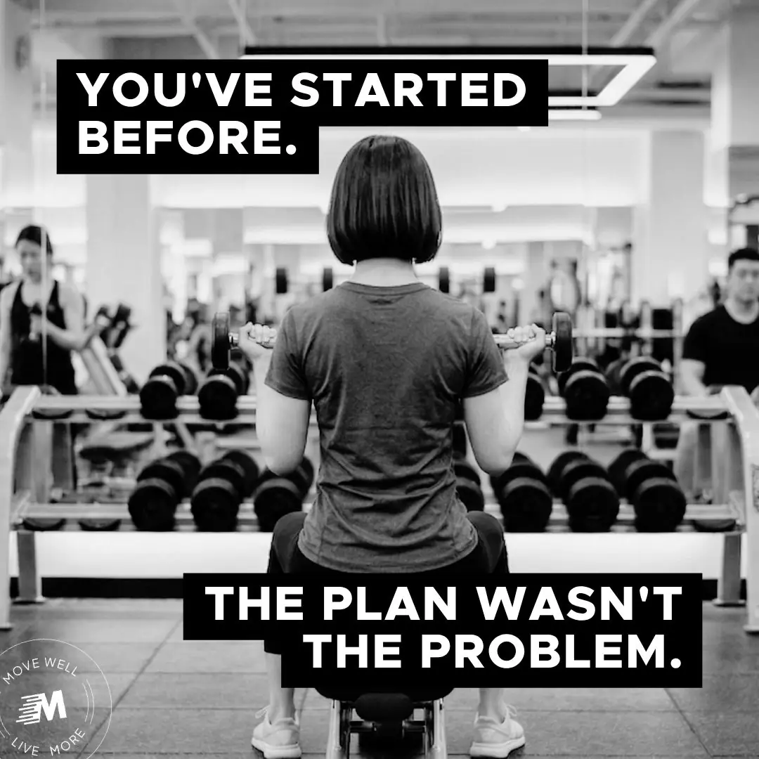 MOVE Private Fitness Carousel fitness ad: Curiosity-hook ad for why your old fitness plan was never the problem, frame 1 of 3