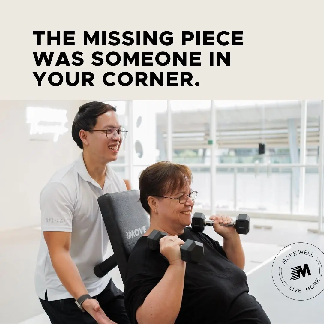 MOVE Private Fitness Carousel fitness ad: Curiosity-hook ad for why your old fitness plan was never the problem, frame 2 of 3