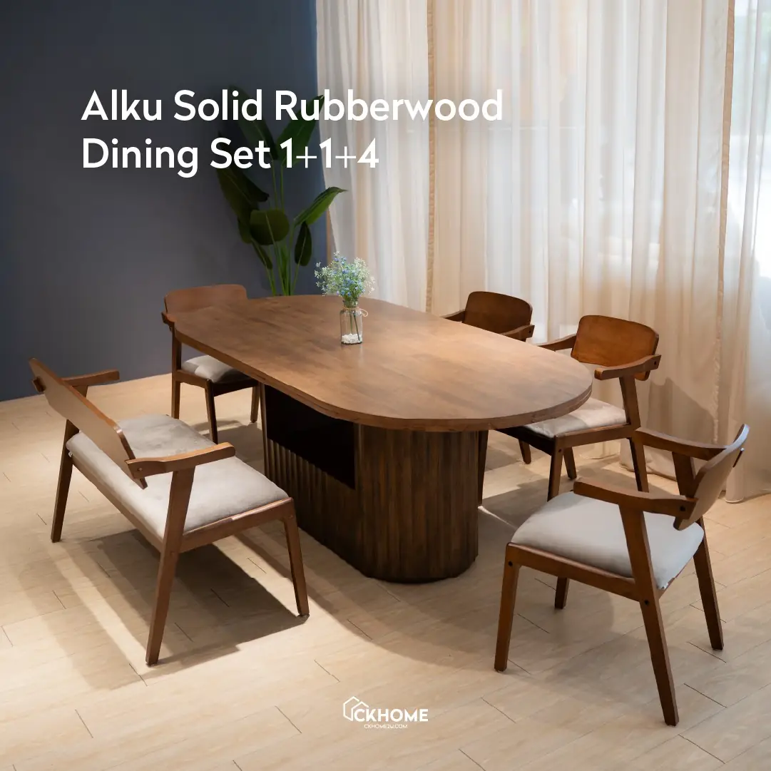 Ckhome2u Carousel home and living ad: Showcase ad for the Alku solid rubberwood 1+1+4 dining set, frame 1 of 6