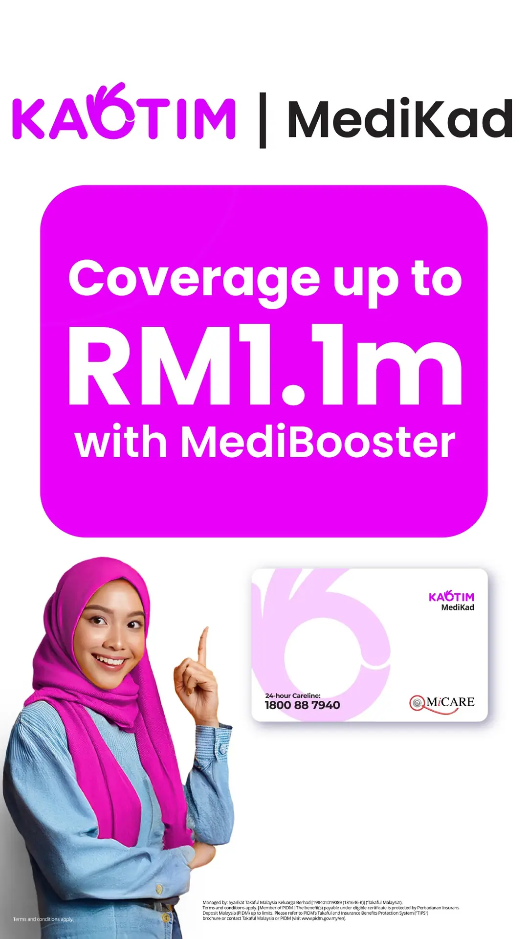 Kaotim.my Static takaful and insurance ad: Feature-callout ad for medical card coverage up to RM1.1m with MediBooster