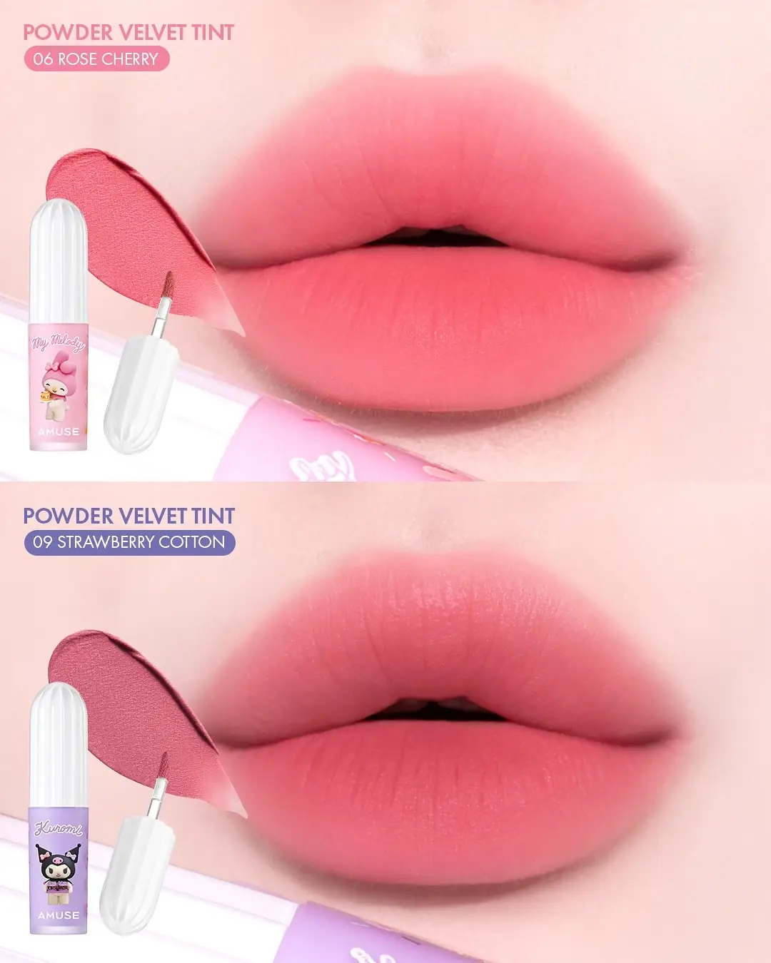 Ksisters Carousel makeup and cosmetics ad: Announcement ad: the cutest Amuse x Sanrio makeup collab just dropped, frame 4 of 6