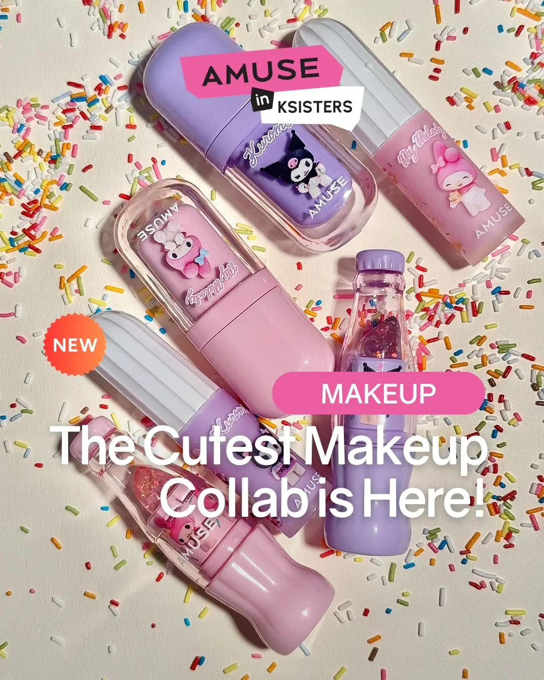Ksisters Carousel makeup and cosmetics ad: Announcement ad: the cutest Amuse x Sanrio makeup collab just dropped, frame 1 of 6