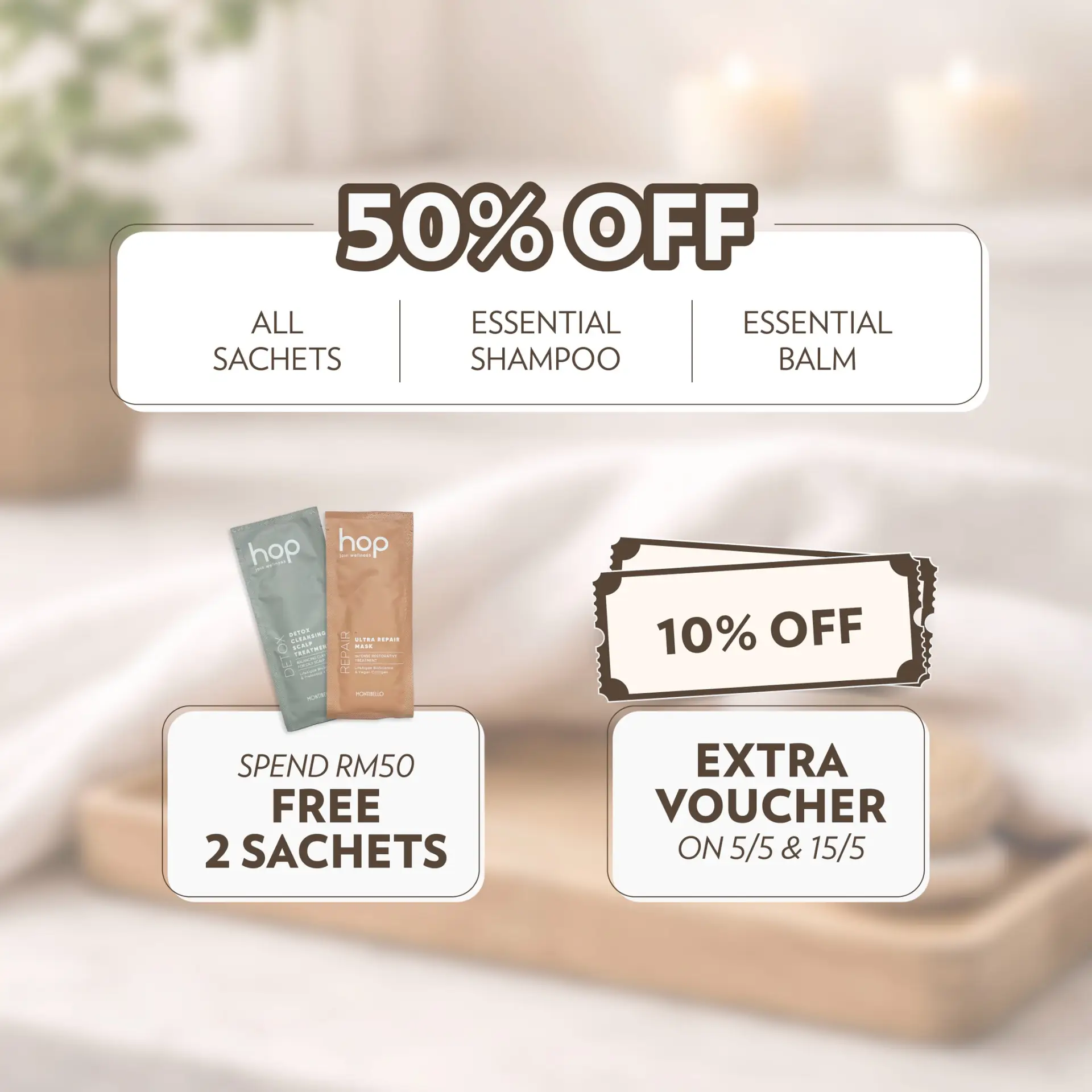 Montibello.MY Carousel hair care ad: Discount ad: HOP travel mini set marked from RM34 to RM28.80, frame 2 of 4