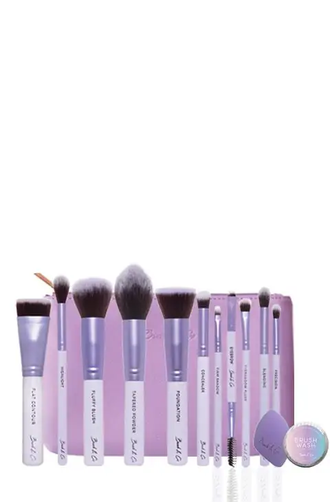 Brush & Co Dynamic makeup and cosmetics ad: Feature-callout ad for a full-face brush set with each brush labelled