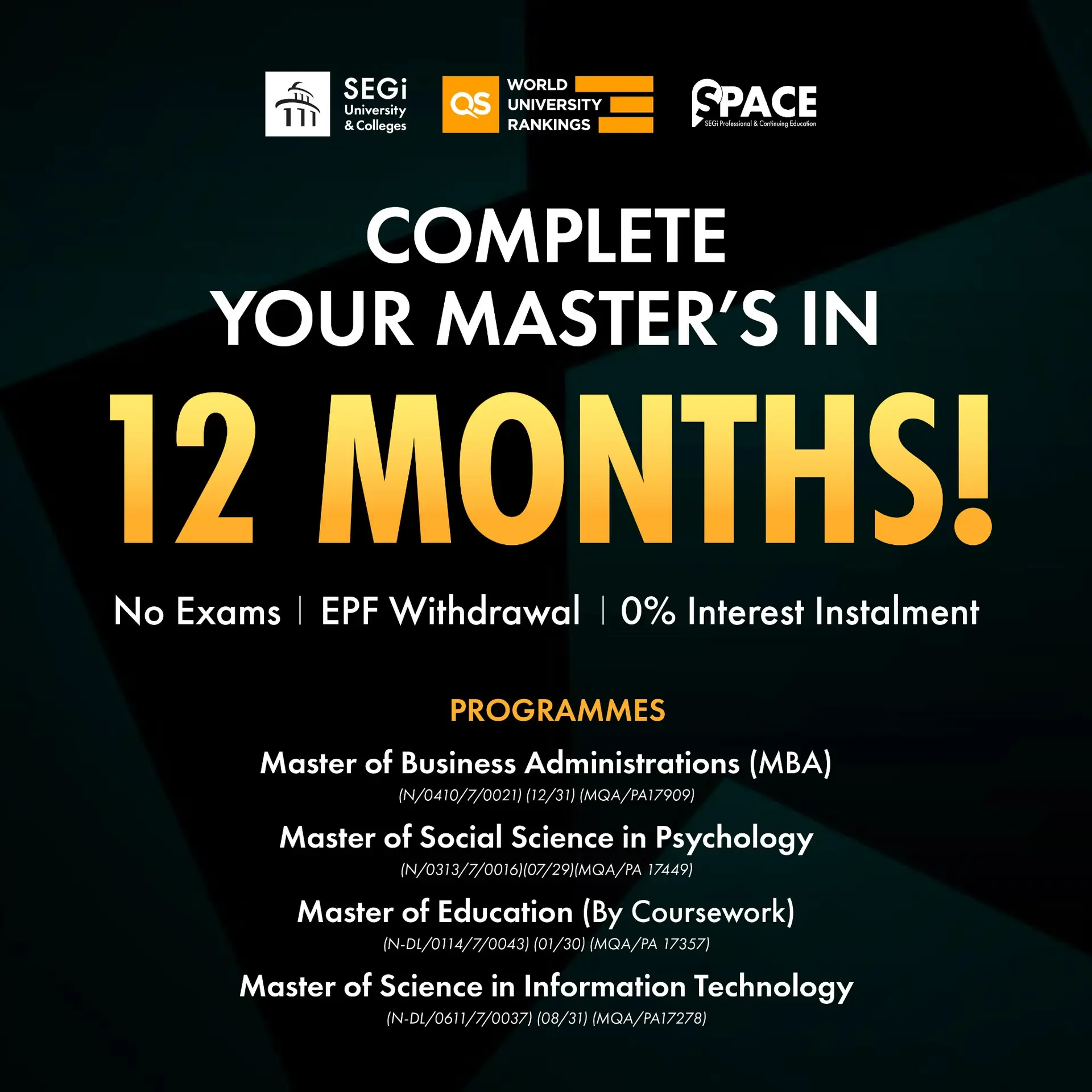 SEGi College Penang Static education ad: Feature-callout ad for a 12-month master’s with no exams and EPF withdrawal