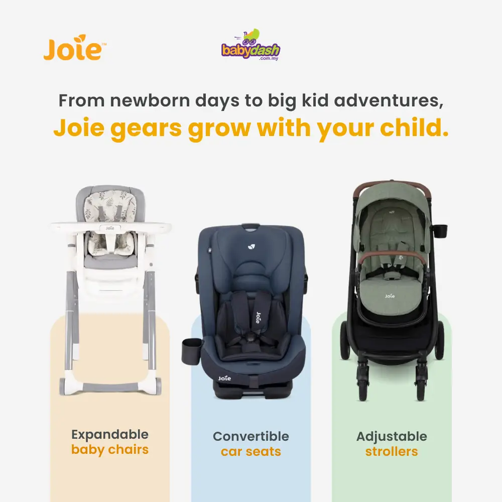Babydash Static baby care ad: Showcase ad for Joie chairs, car seats and strollers that grow with baby