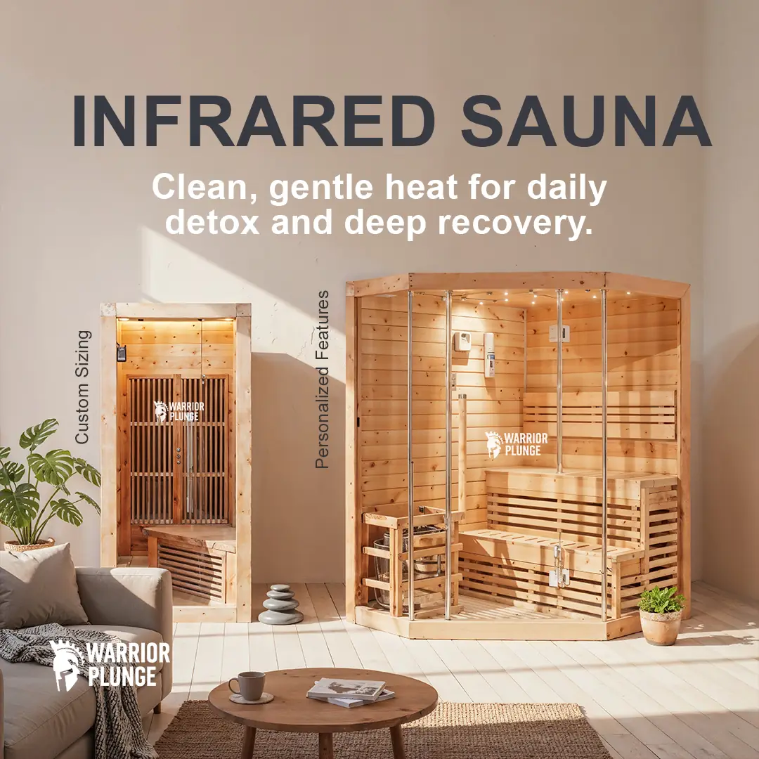 Warrior Plunge Carousel fitness ad: Showcase ad for infrared saunas in custom home and pro sizes, frame 1 of 3